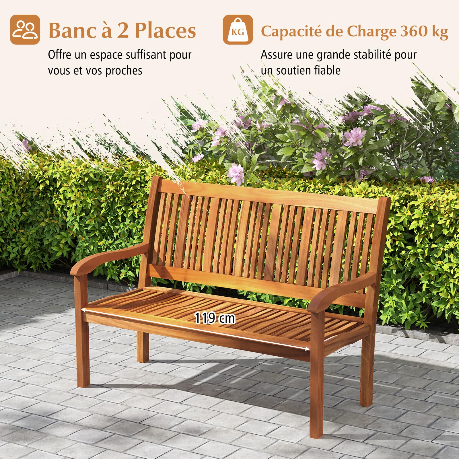 COSTWAY Banc de Jardin, Bois d’Acacia, 126 x 63 x 91 cm, Charge 322kg, 2 Personnes, Dossier Incliné, Accoudoir Incurvé, Banc Exterieur Jardin pour Terrasse Porche Cour