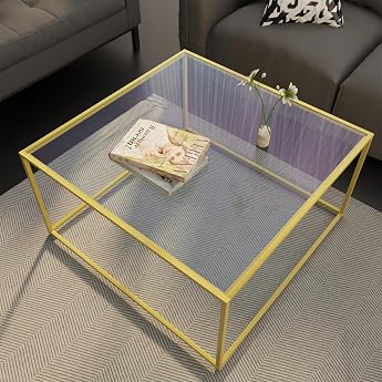 Huhote Coffee Table 67 x 67 cm Glass Modern Living Room Table Side Table Square Sofa Table 4 mm Glass Coffee Table Side Table with Metal Frame for Living Room Balcony Office Gold