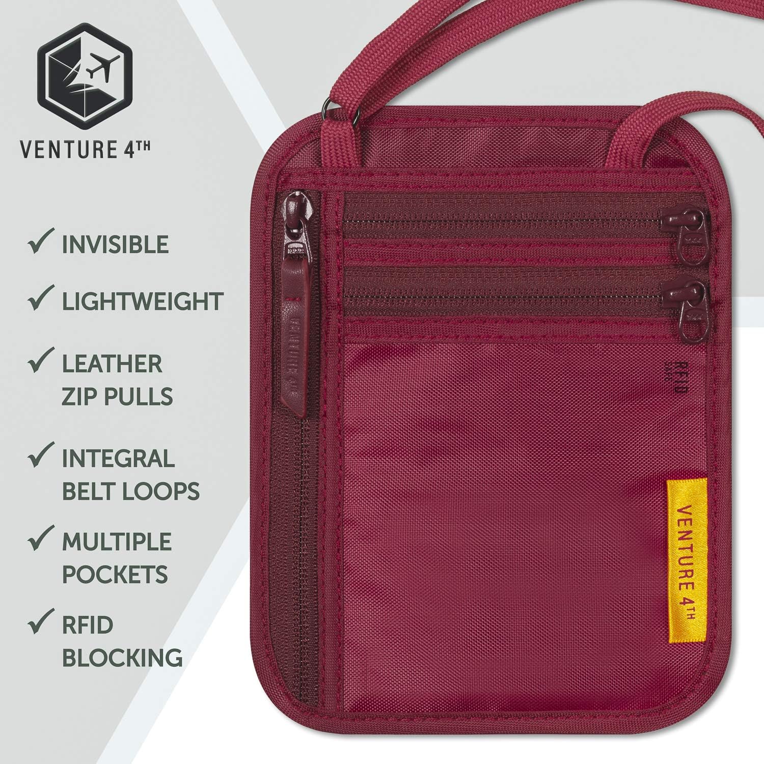 VENTURE 4TH RFID Blocking Travel Neck Wallet - Security Neck Pouch Passport Holder with Nylon Lining (Red) - Image 6