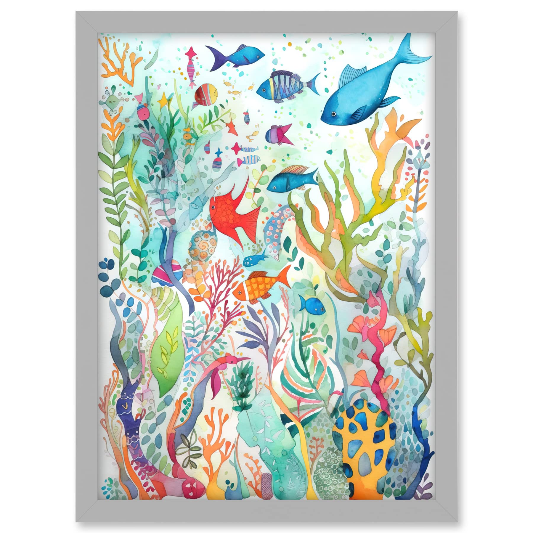 Aquatic Scene Marine Life Folk Art Watercolour Painting Artwork Framed A3 Wall Art Print