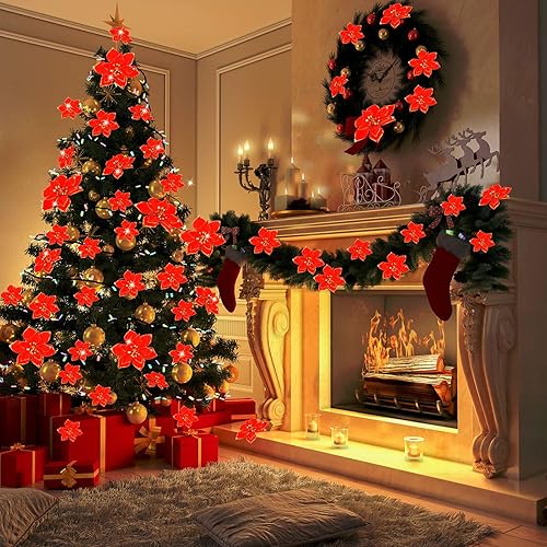 Miniatura 9 de 100 flores de Pascua artificiales de Navidad con purpurina de 3 tamaños, flores de boda de imitación, adornos para árbol de Navidad, Año Nuevo,