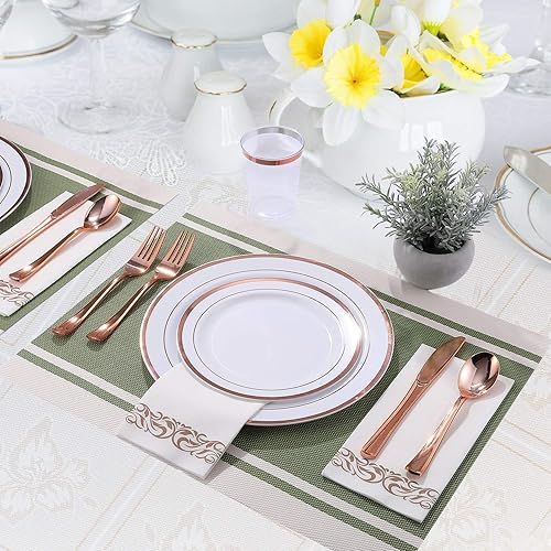 Miniatura 3 de FOCUSLINE Juego de vajilla de oro rosa 350 para 50 invitados, platos de plástico desechables de alta resistencia, incluye 50 platos llanos, 50