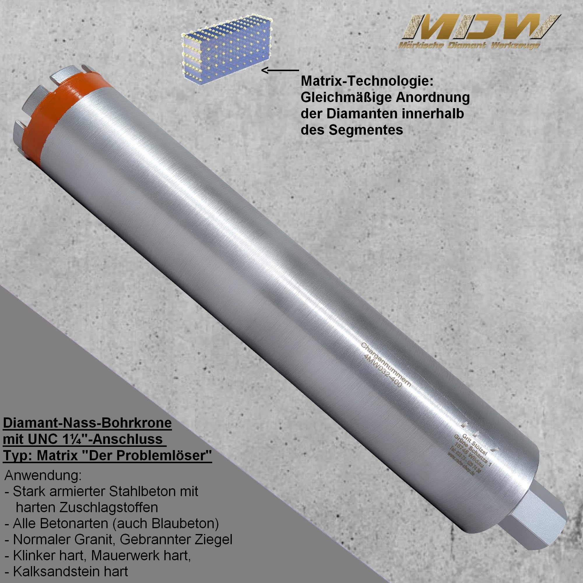 MDW Diamant Bohrkrone Ø 52-250 mm x NL 450 mm Typ Matrix "Der Problemlöser"