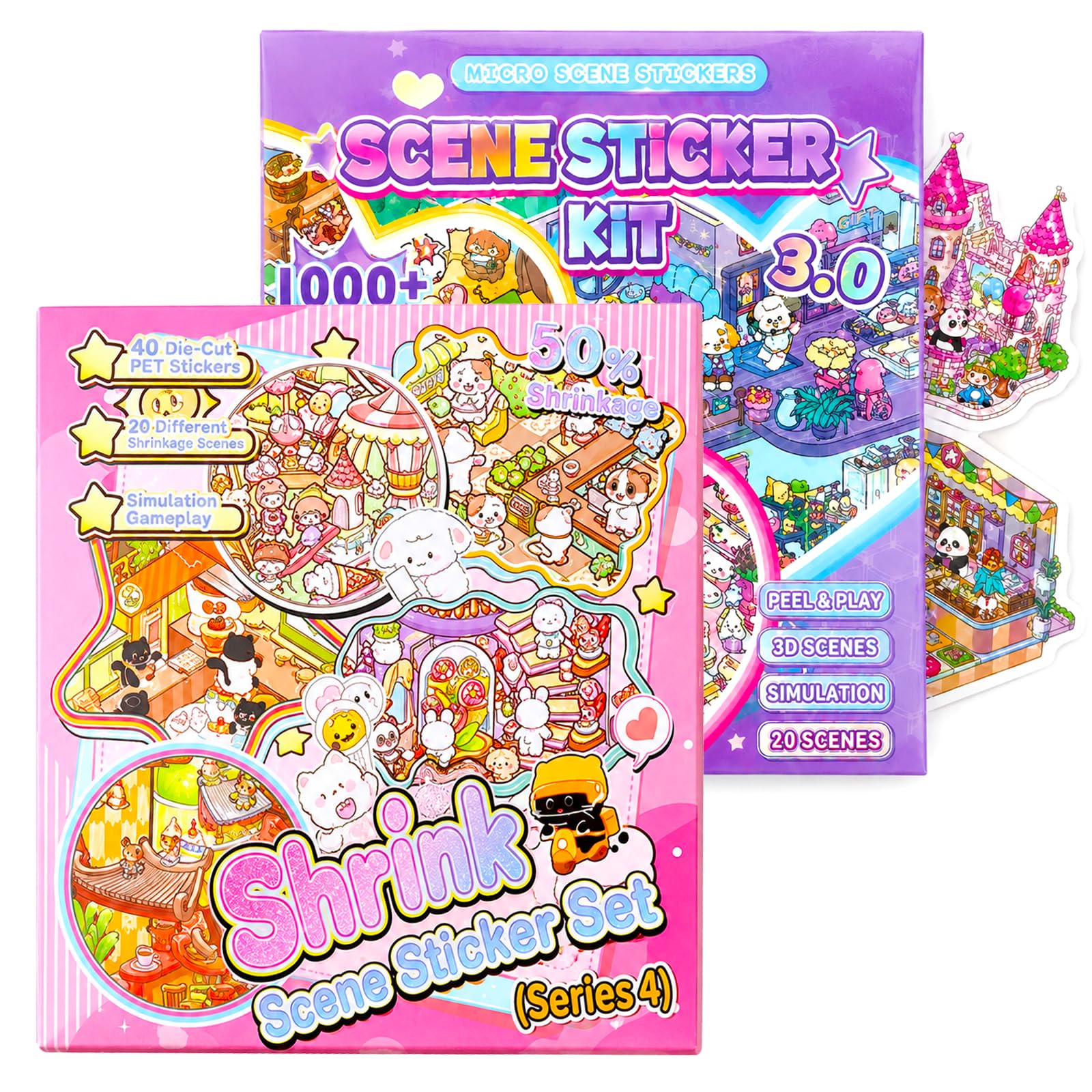 40 Sets 3D Sticker Scene Book, Creative Micro Landscape Sticker Book with 80 Pet Stickers, Stress Relief DIY Stickers Therapy Kit, Reusable Sticker Book Gift for Adults, Students and DIY Lovers