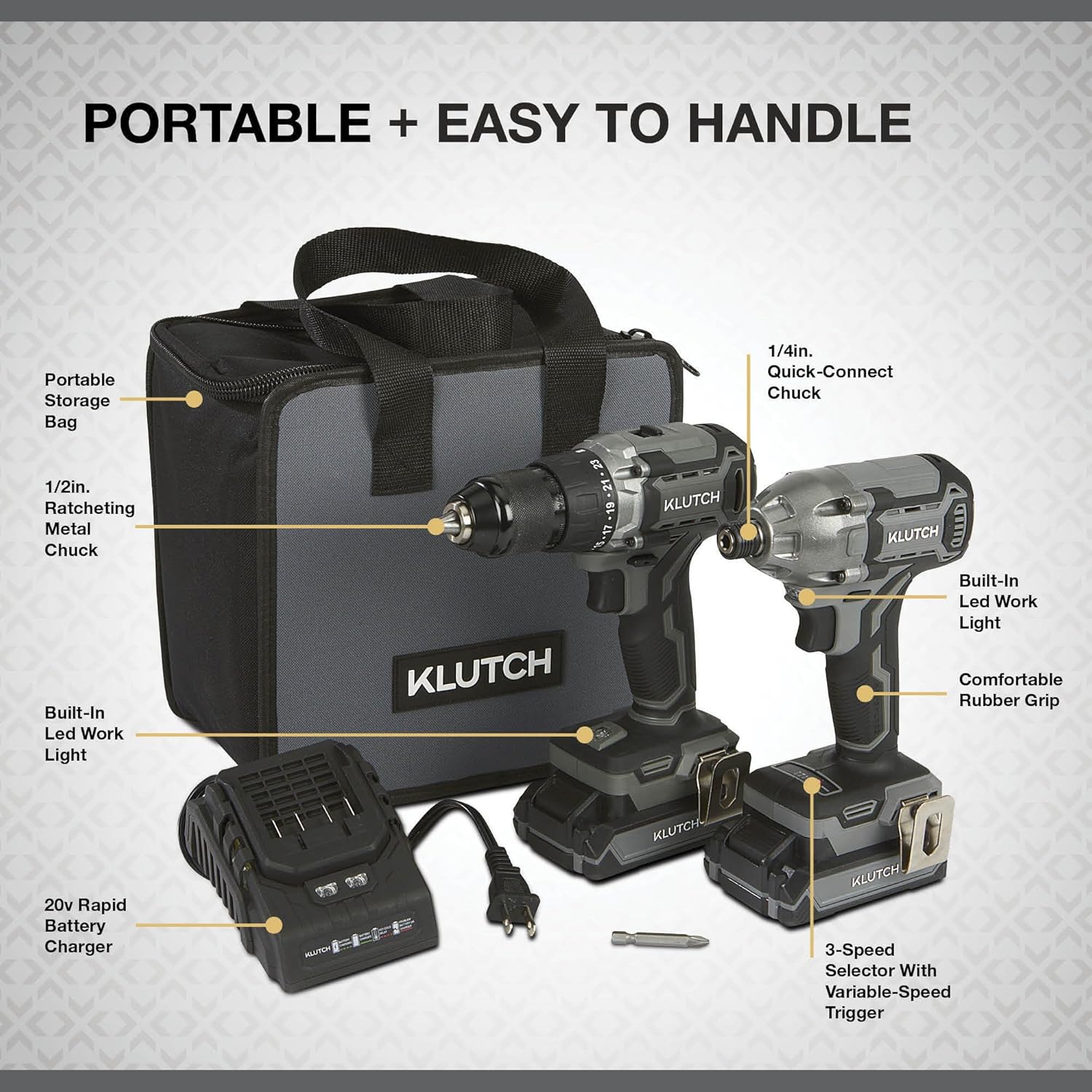 Klutch Drill/Driver and Impact Driver Kit, KLiQ 20 Volt Brushless, 1/2in. and 1/4in.