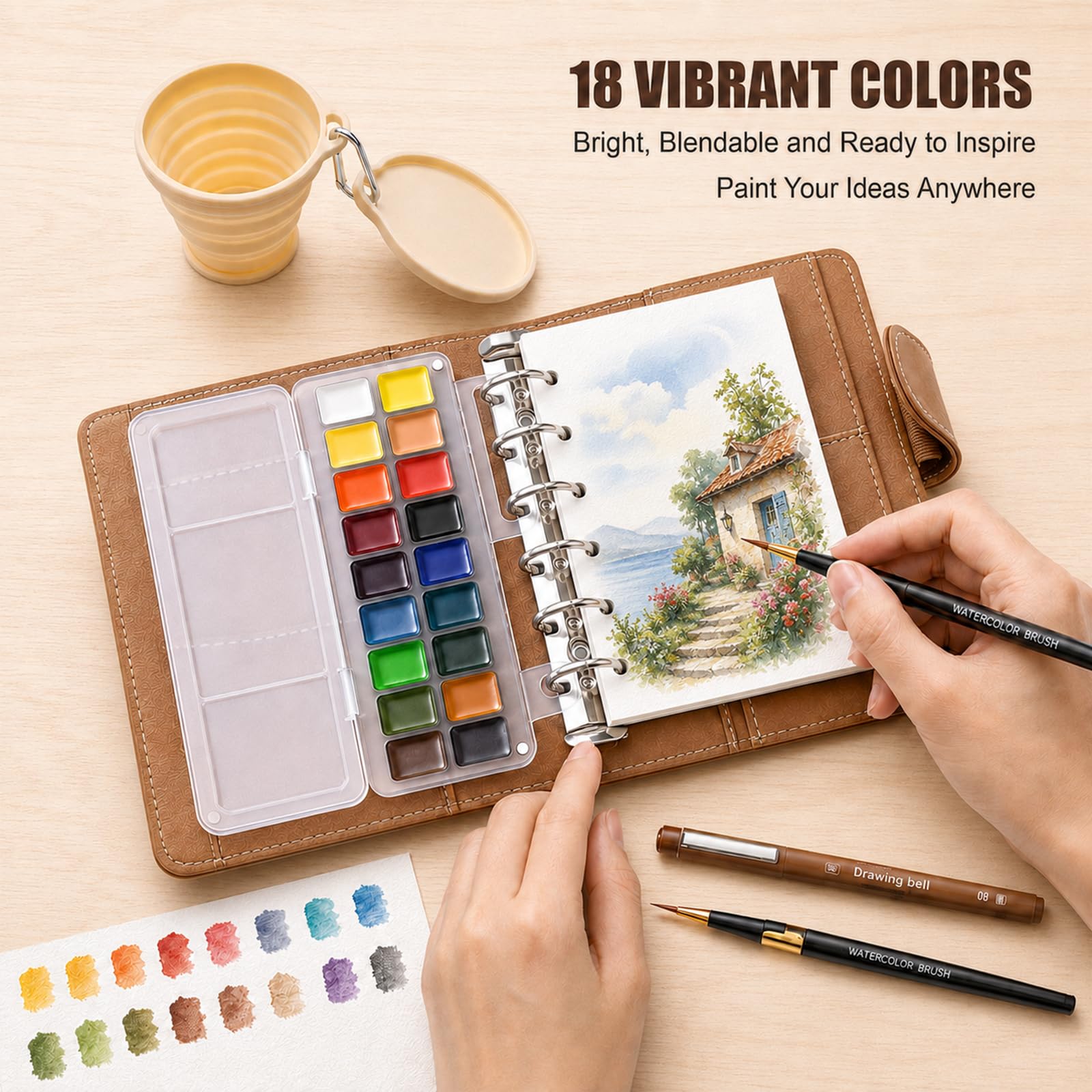 Juego de pintura de acuarela de viaje, 18 colores, piel sintética, juego de