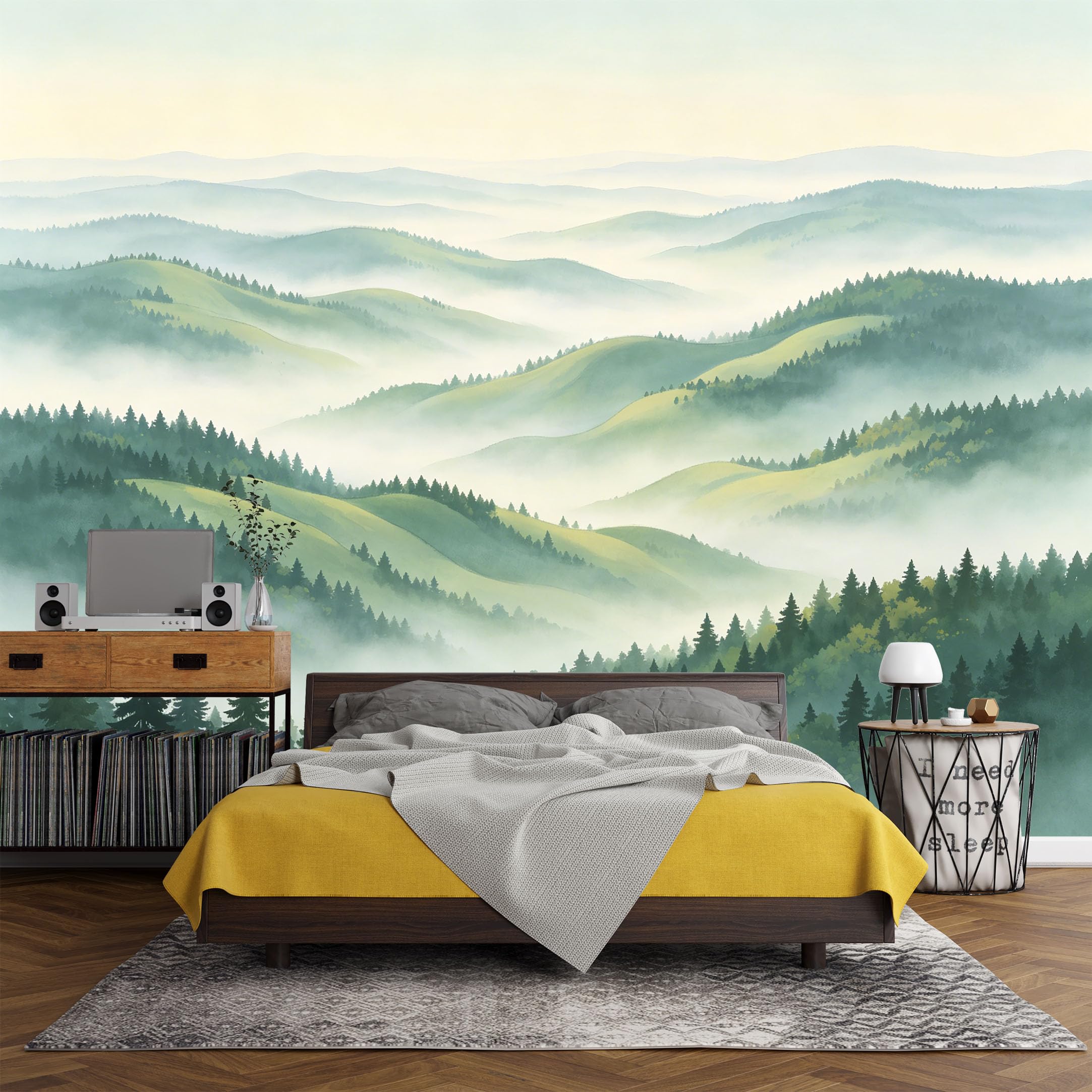 Custom Size Wall Mural Misty Forest Landscape Watercolor Mountain Pine Trees Nature Scenery SelfAdhesive Art Prints wall Fabric（No PVC） Removable Wallpaper Living Room Decor