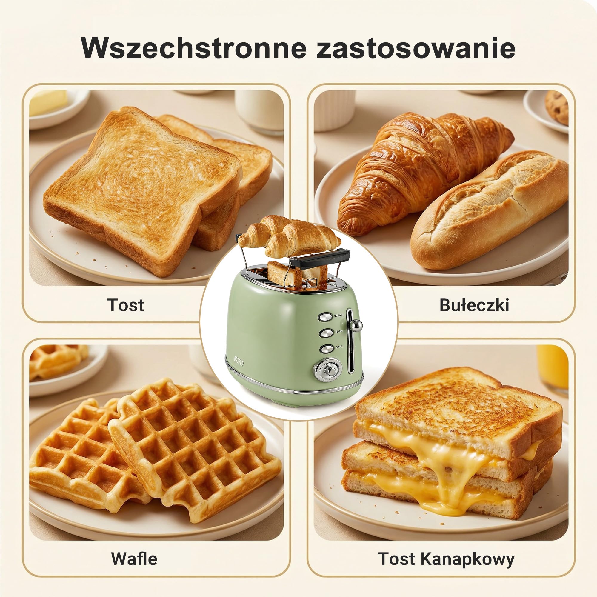 Wiltal Retro Toster 2 Kromki Stal Nierdzewna – Nakładka na Bułki, 6 Poziomów Opiekania, Funkcja Podgrzewania i Rozmrażania, Automatyczne Wyłączanie, Kolor Kremowy, Idealny do Kanapek i Tostów