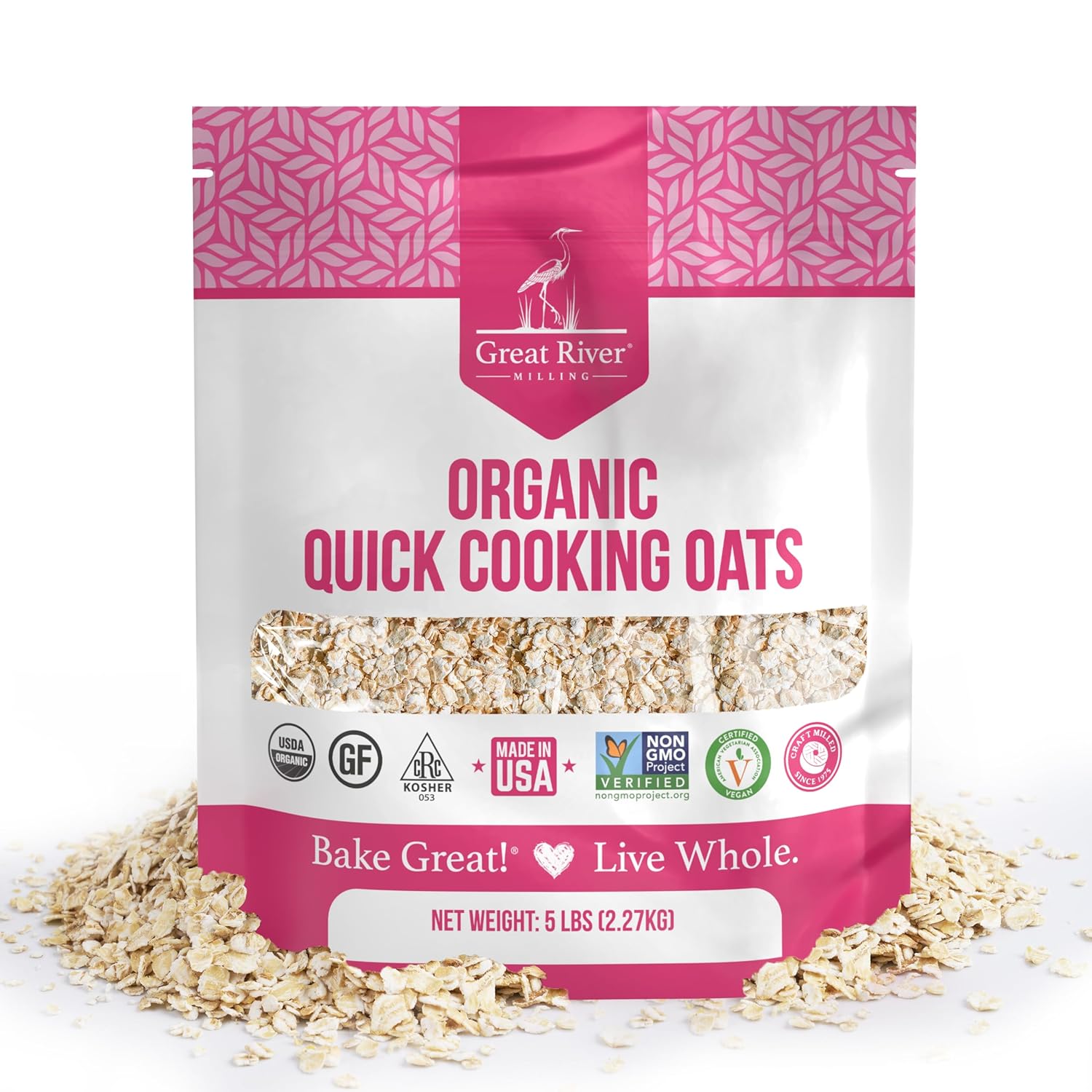 Great River Milling Organic Quick Cooking Rolled Oats | USDA Organic, Gluten Free, Non-GMO, Kosher | Whole Grain Oatmeal for Breakfast & Baking | Ideal for Cookies, Granola & More | 5 Lb