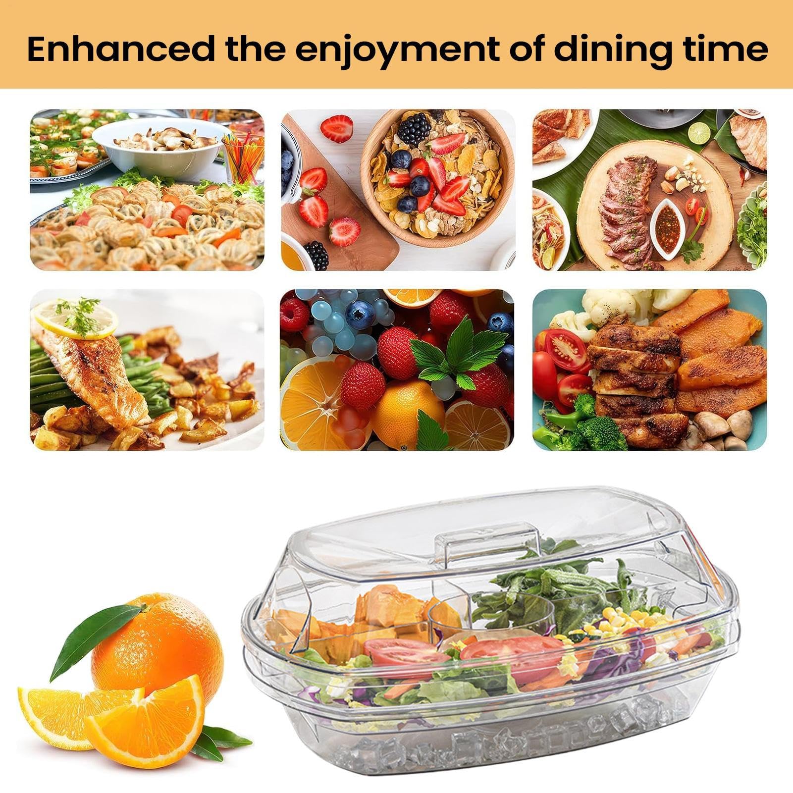 Vassoi da portata freddi per feste, contenitore per ghiaccio con 4 scomparti e coperchio, vassoio riutilizzabile per verdure, per feste, picnic, frigorifero, snack, dessert, frutta, verdura, insalata