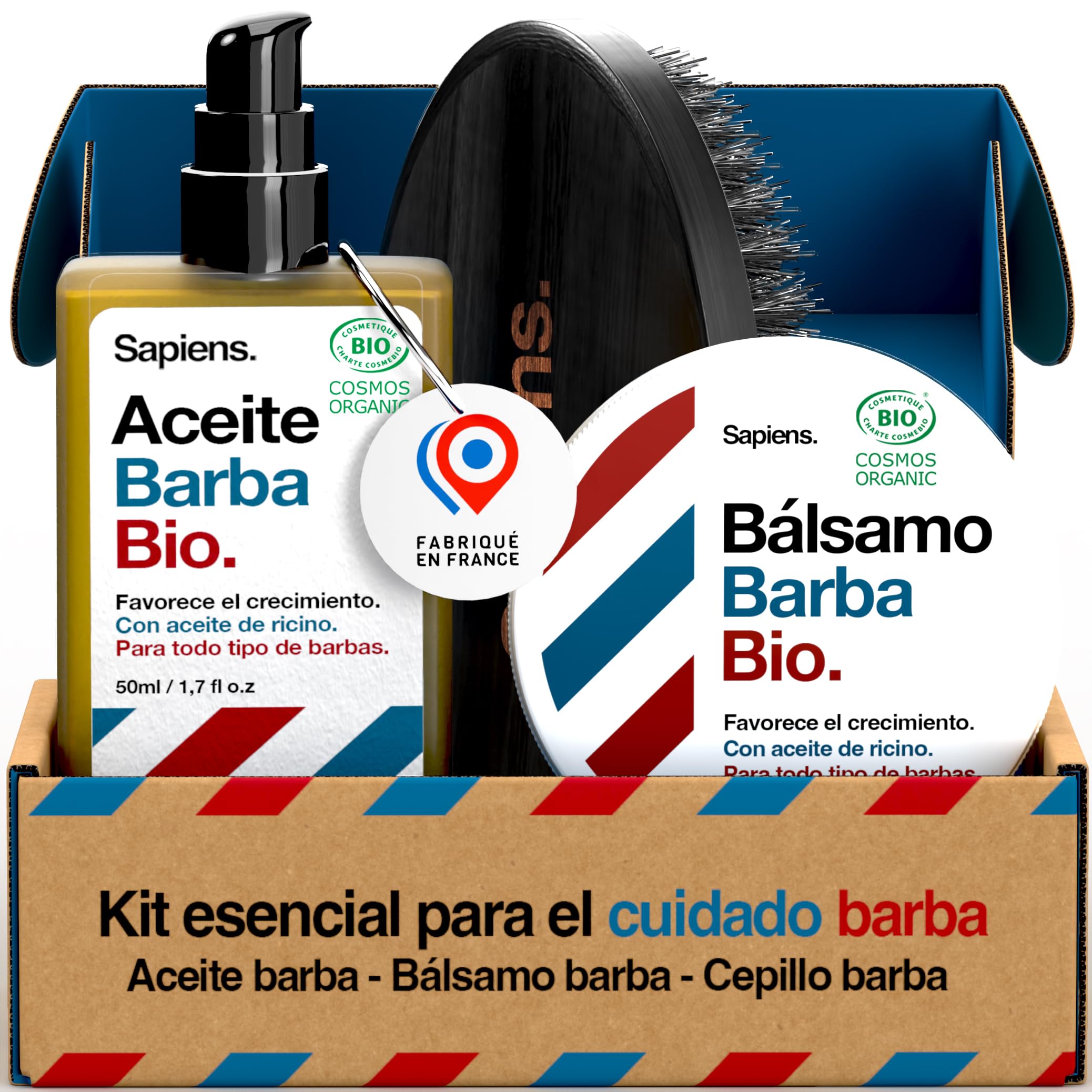 Sapiens Barbershop Kit para Barba Hombre - Aceite Orgánico para Barba + Bálsamo Orgánico para Barba + Cepillo de Cerda de Jabalí - Esenciales para el Cuidado de la Barba Hombre