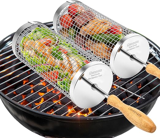 Rolling Grill Baskets(2 PCS),Removable Wooden Handle,304 Stainless Steel, BBQ&Grill Accessories Tools for Vegetable Shrimp Meat,Outdoor Cooking Rotating Grill Rack,Camping Essentials,Gifts for Men Dad Husband Father Grandpa