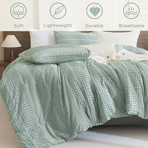 Miniatura 6 de Andency Juego de edredón verde salvia, tamaño Queen, juego de ropa de cama de 3 piezas bohemio ligero con diseño de pompones, juego de cama de