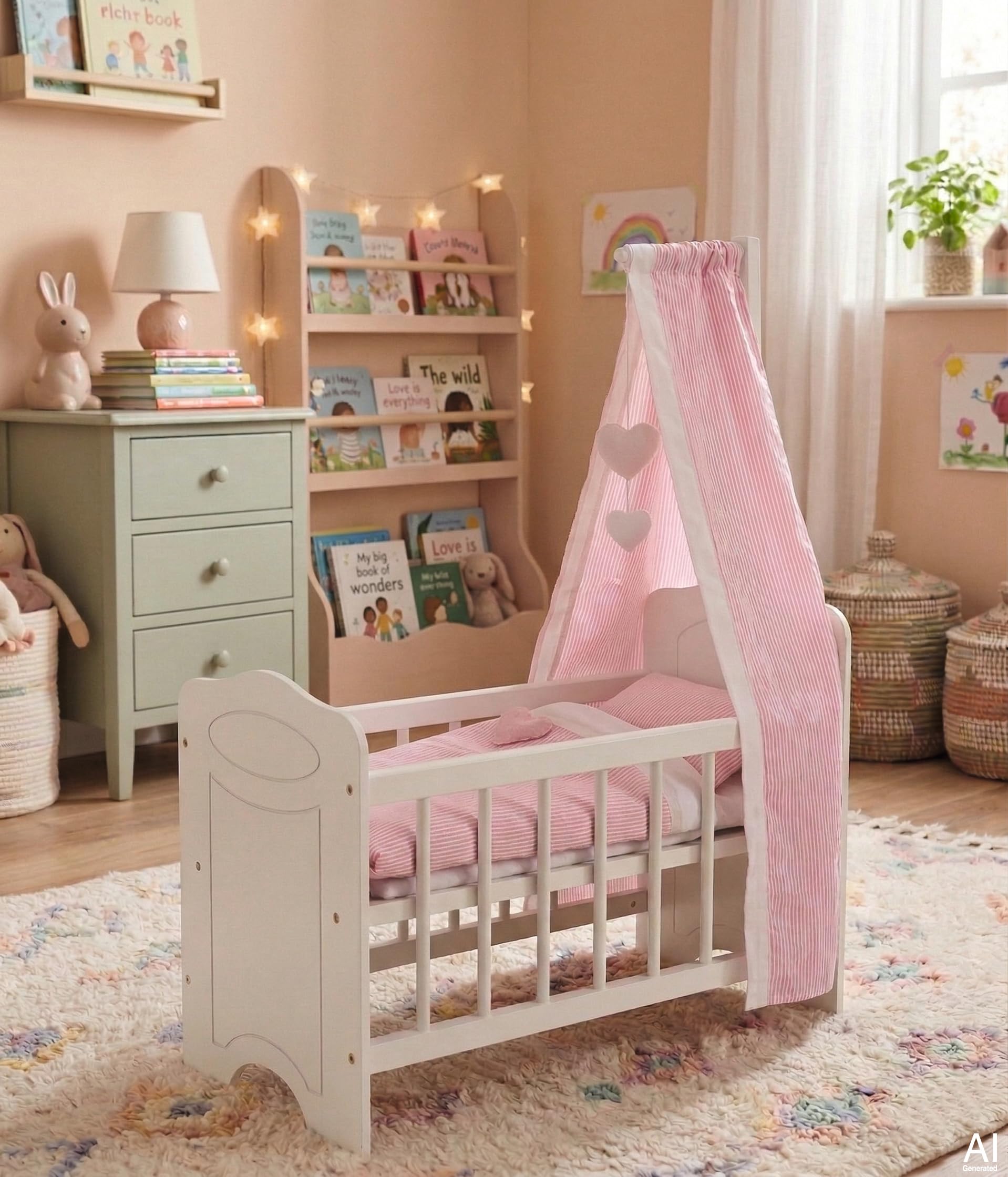 51762 goki - Puppenbett Holz mit Himmel und Bettzeug - Baby Bett für Puppen - Puppenmöbel Kinder Zubehör - Puppenwiege aus Holz für Rollenspiel Kinderzimmer 63,4 x 31,5 x 67 cm