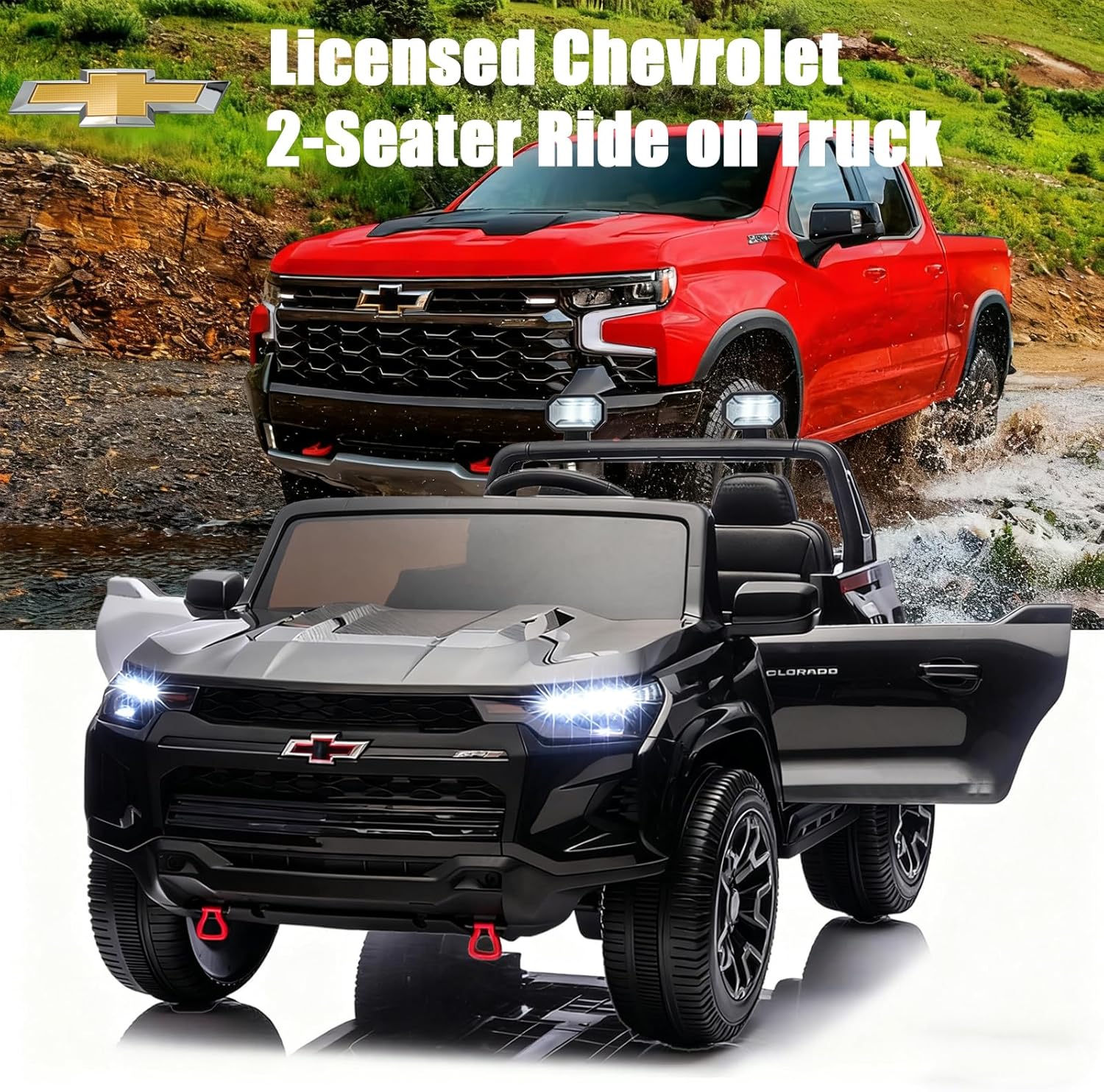 POSTACK Official License Chevrolet 24V 7Ah Big Battery Powered Kids Ride On Toy Car 2-Seater Truck with Remote Control, LED Bright Lights and Music Play Children Gifts for Boys and Girls Black