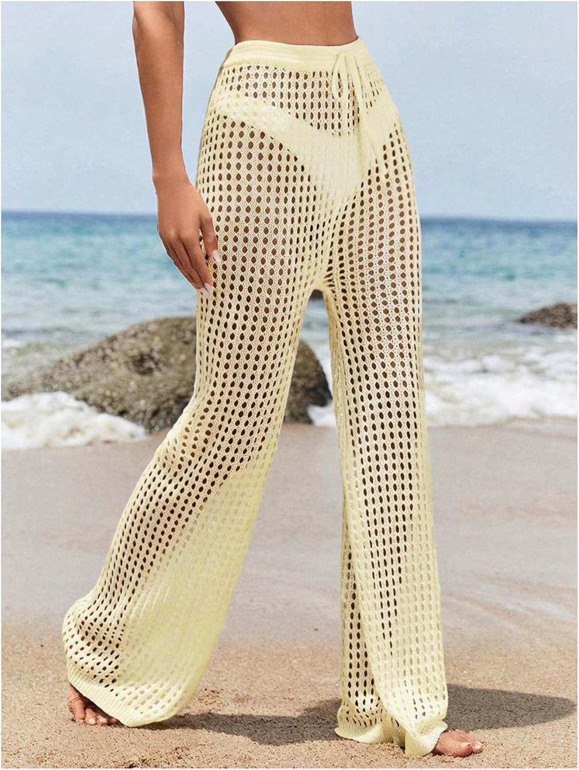 COZYEASE Women's Beach Cover Up Pants Hollow Out Drawstring Elastic High Waist Bathing Suit Cover Up Beach Pants - Image 3