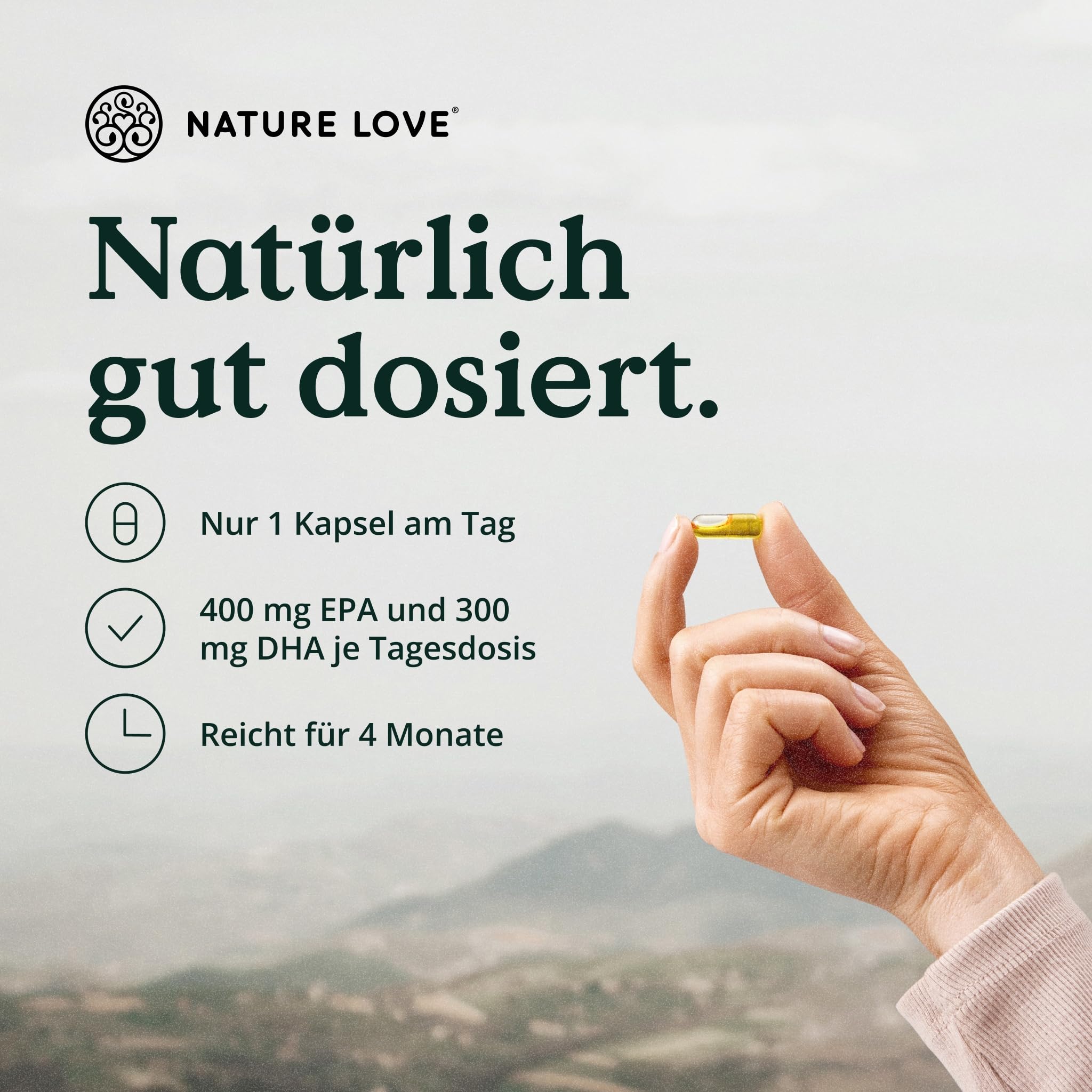 Nature Love Premium Omega 3 - hochdosiert - 1000mg pro Kapsel - 120 Kapseln | 80% EPA & DHA Anteil - hoch bioverfübar durch Triglycerid-Form - aus nachhaltigem Fischfang gewonnen