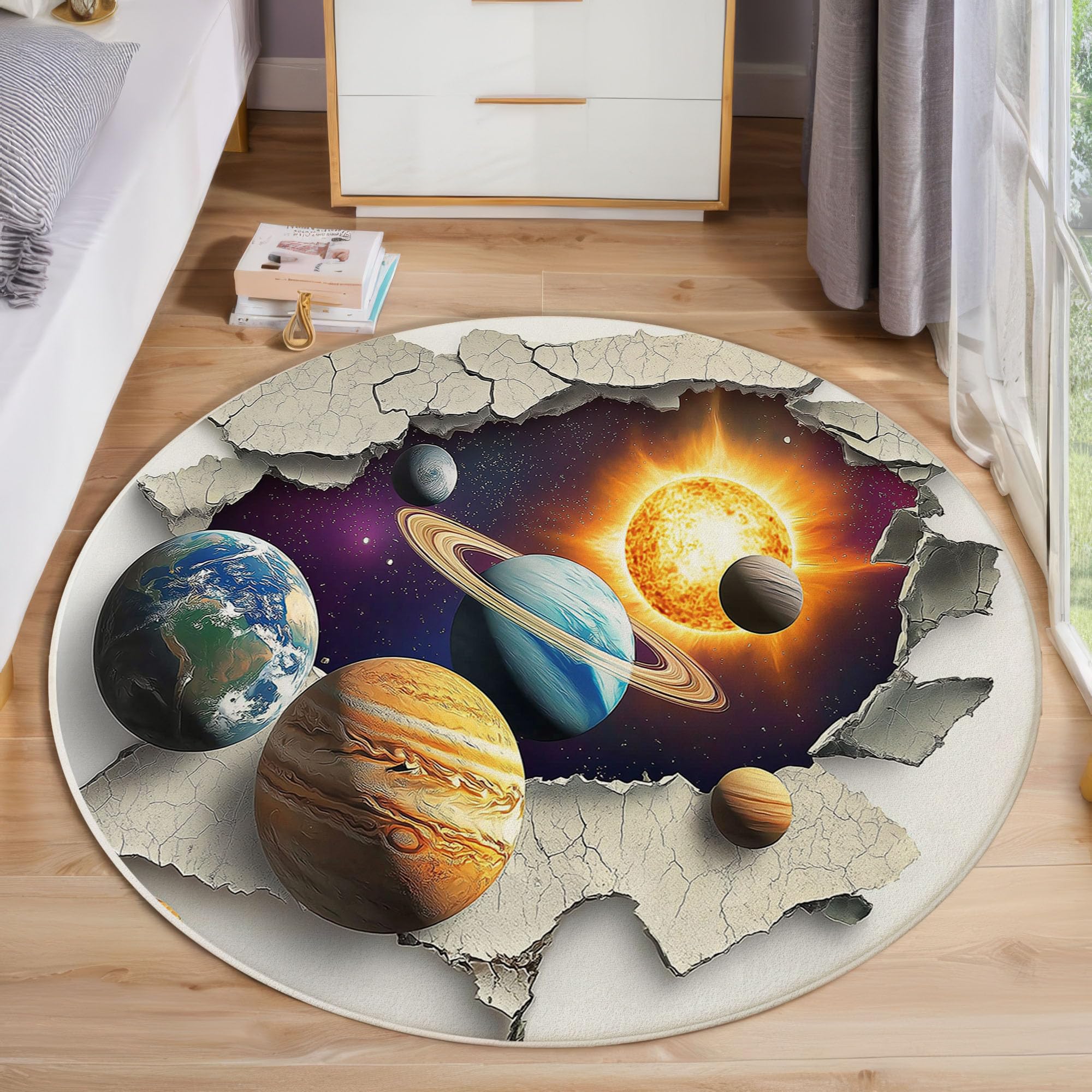 Tapis Rond Système Solaire Planètes 100cm, Art 3D Chic Lavable en Machine Salon Tapis Antidérapant, Moquette Imprimé pour Salle à Manger, Chambre d’Enfant, Nurserie, Violet