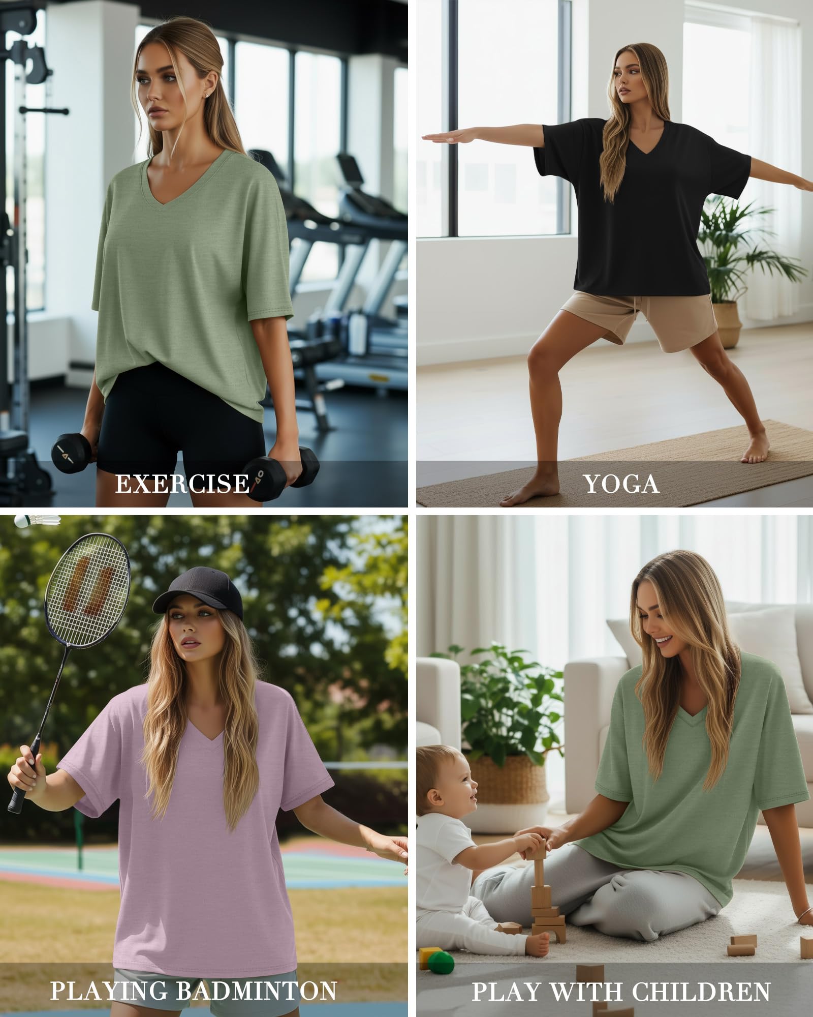 Geyoga Lot de 3 T-Shirts Oversize en Coton pour Femme Col V Coupe Ample Tops à Manches Courtes Doux pour Le Sport