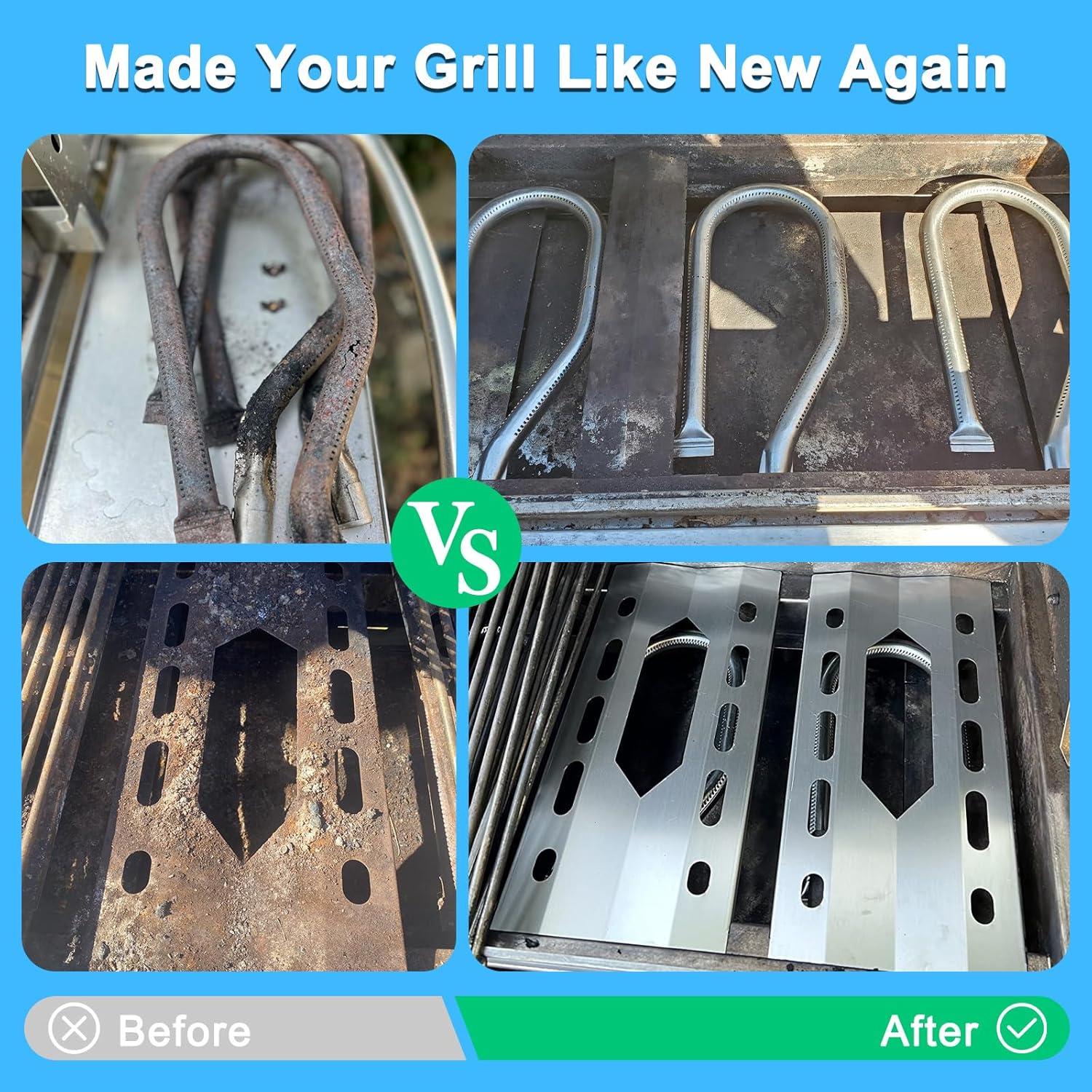 Adviace Grill Replacement Parts for Kirkland 720-0011 720-0108, Grill Burners & Grill Heat Plates & Temperature Gauge for Costco Kirkland Signature 720-0011-LP BBQ Gas Grill