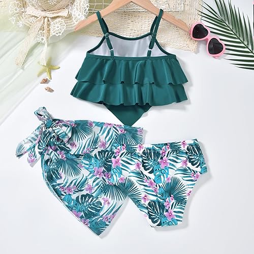 Unutiylo Girls Swimsuit 3 Piece Bikini Set Ruffle Bathing Suits Floral Print for Girls Swimwear(Green,9-10 Years)