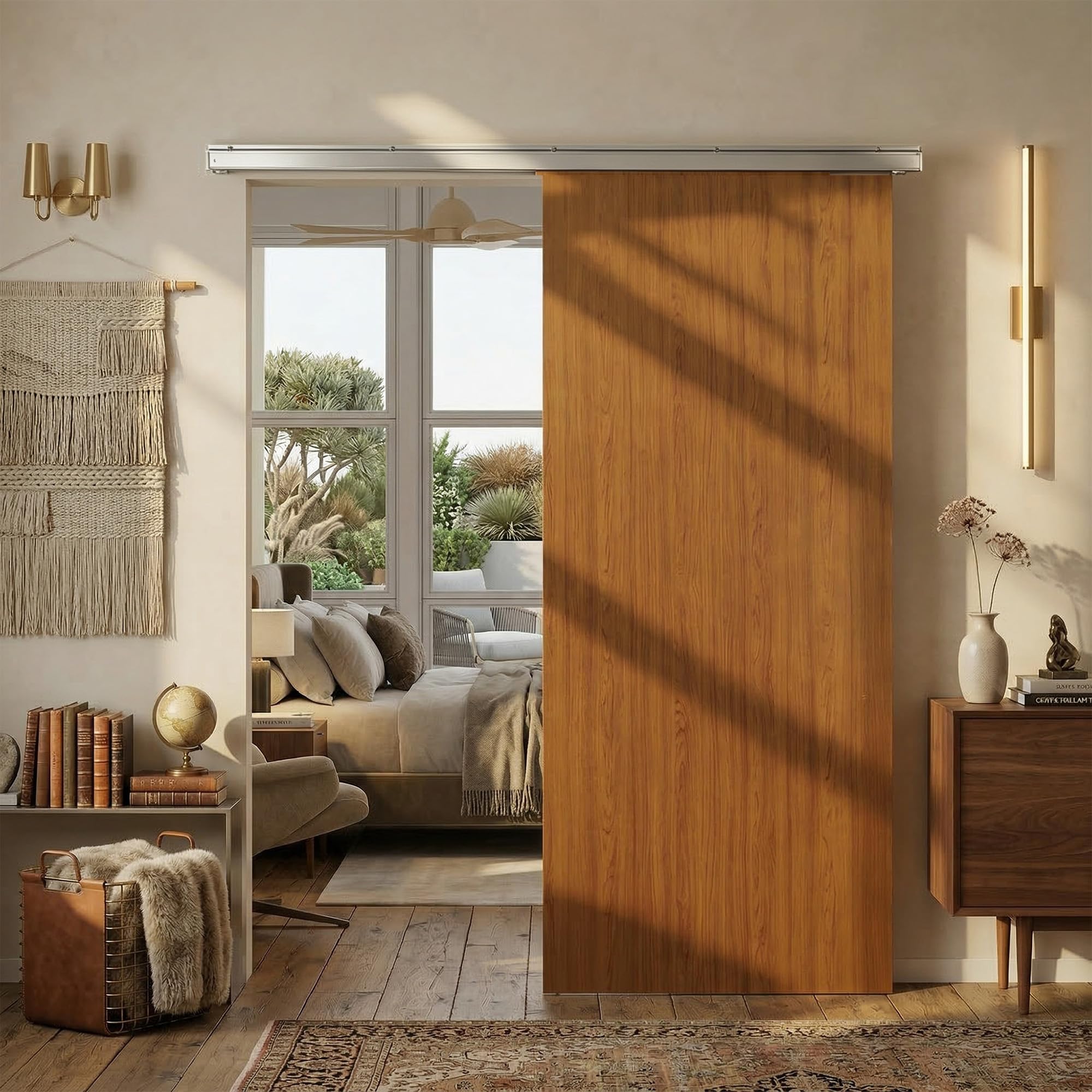 HOMCOM Puerta Corredera con Herrajes 90x210 cm, Puerta Corredera Interior con Rodillo, Riel de Aluminio, Guía de Suelo, para Baño, Salón, Sala de Estar, Marrón