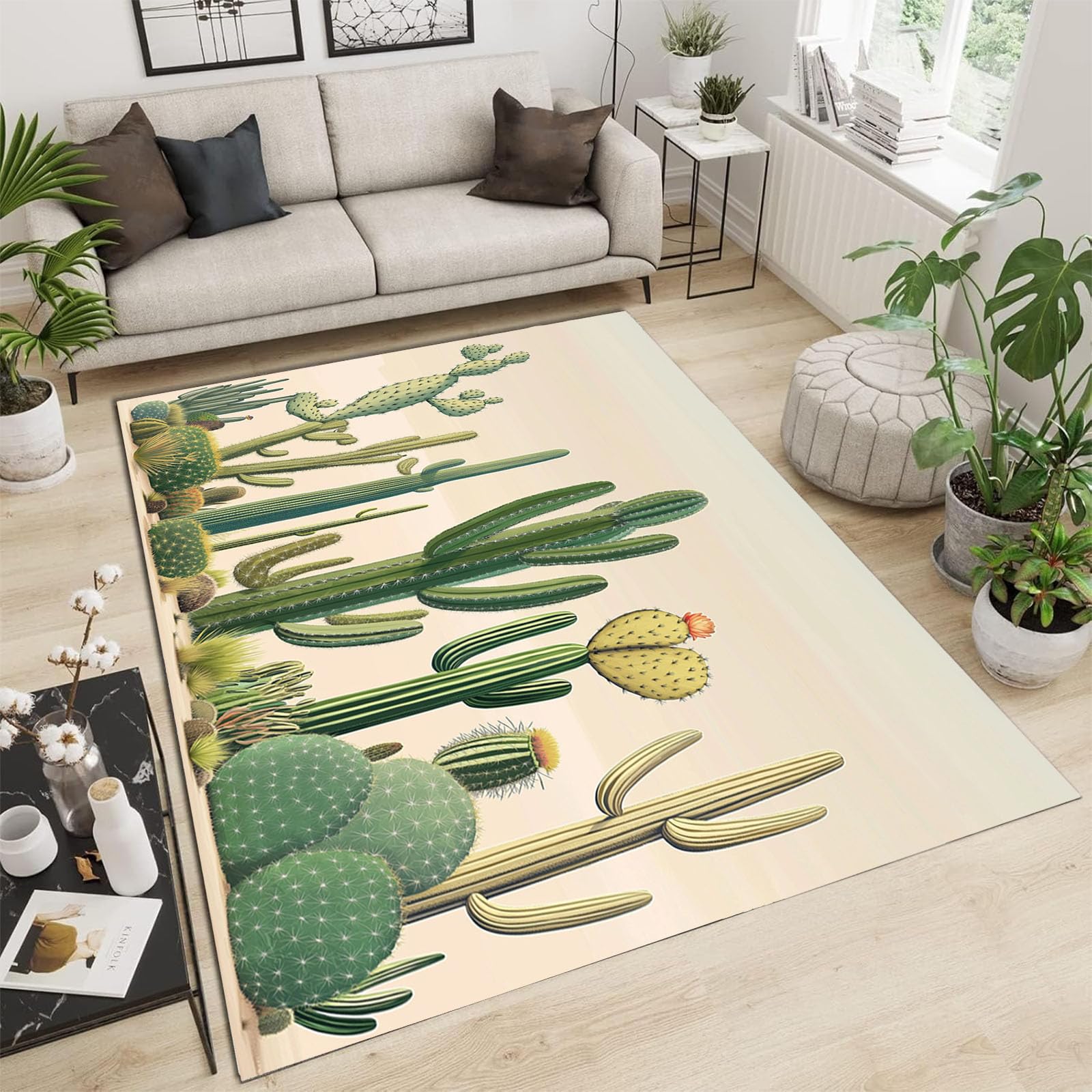 Tapis antidérapant salon lavable 240x300 motif cactus vert sauge