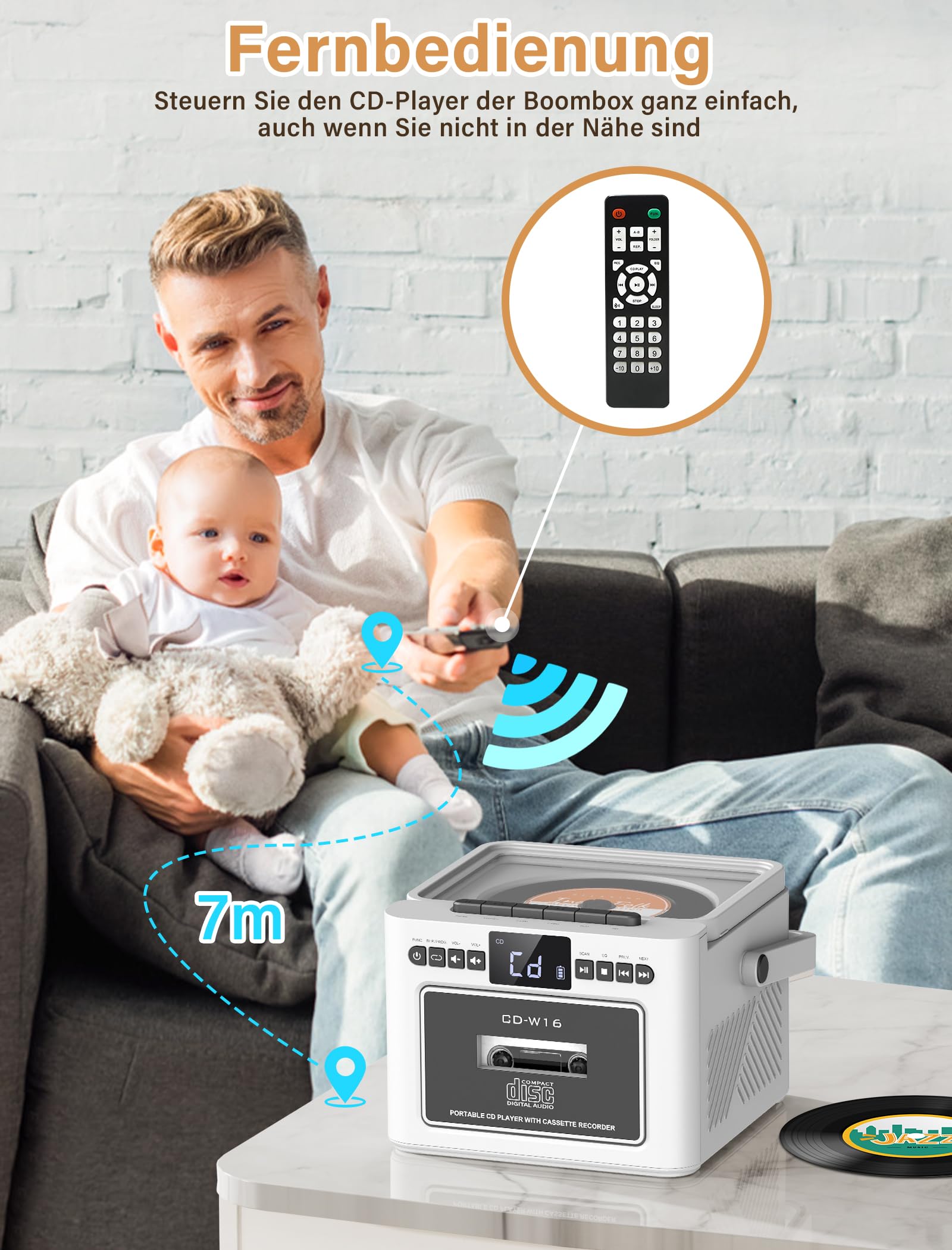 Boombox CD Player tragbar, CD-Player mit Kassettenspieler,UKW-Radio, Wiederaufladbarer Akku,Fernbedienung, USB/AUX/MP3/TF-Karten-Wiedergabe/3,5mm-Kopfhörer für Zuhause (5000mAh)