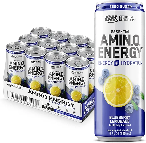 Optimum Nutrition Amino Energy Sparkling Hydration Drink, Electrolytes, Caffeine, Amino Acids, BCAAs, Sugar Free, Blueberry Lemonade, 12 Fl Oz, 12 Pack (Packaging May Vary)