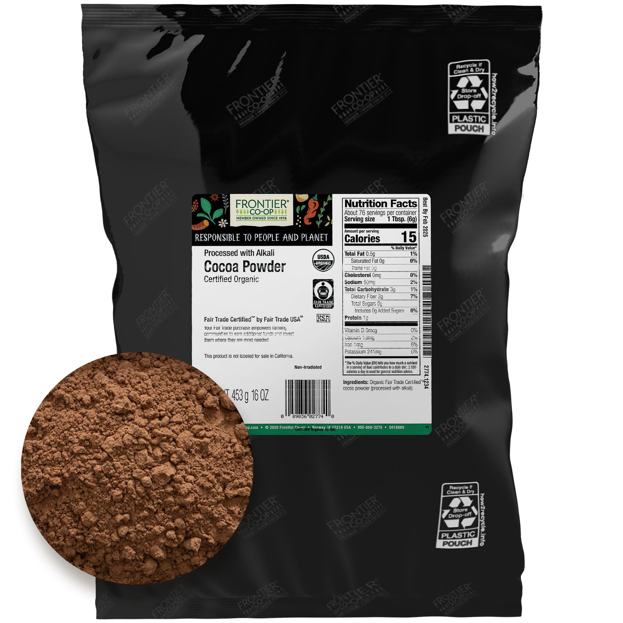 Frontier Co-op Organic, Fair Trade Certified Cocoa Powder, 1 Pound Bulk Bag