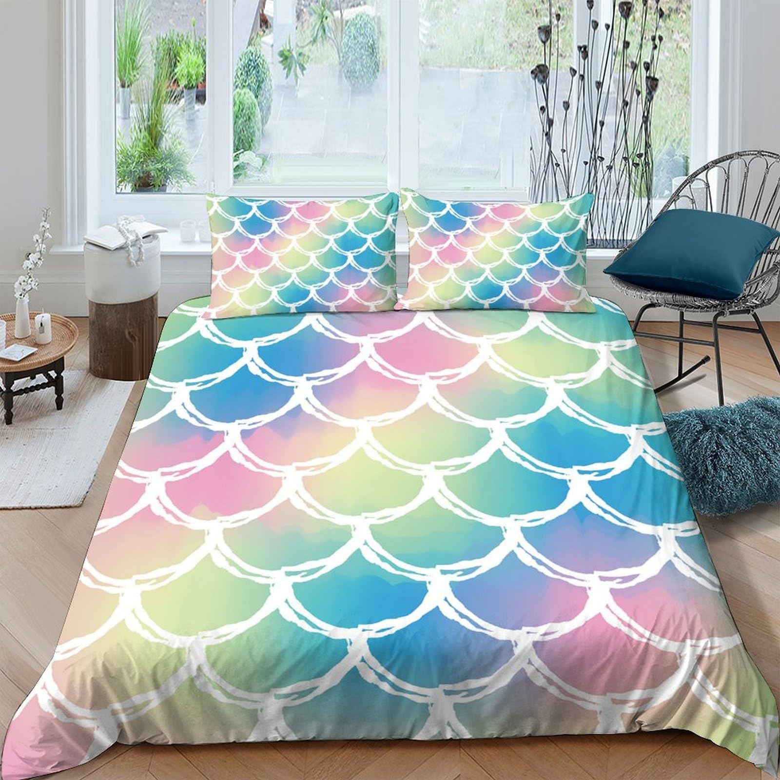 Ctjqhvkz Style-7 3D Printed Rainbow Mermaid Scales Fitted Sheet Microfiber Soft Bedroom Bed Cover Colorful Mattress Protection Decor Single（135X200cm）