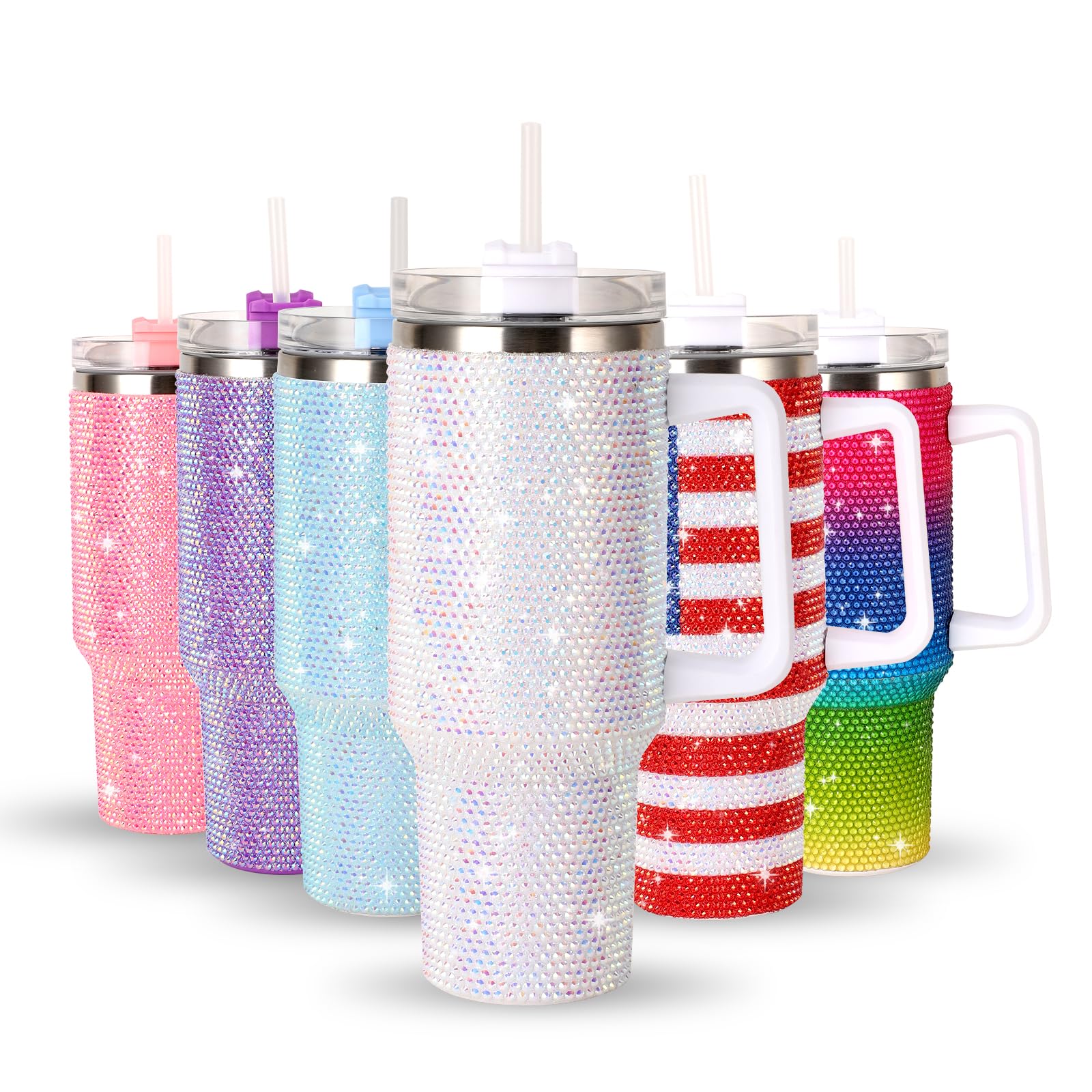 40OZ Bling Tumbler With Handle Studded Rhinestone Tumbler Glitter Cups with Lid Stainless Steel Vacuum Thermal with Straw for Ice Cold or Warm Drinking for Women Cup (White Shiny)