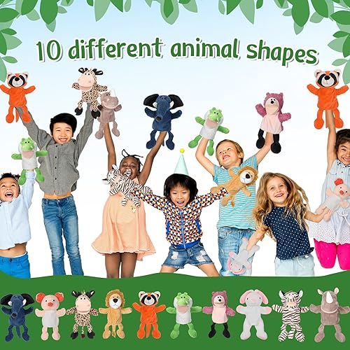 Miniatura 6 de Wettarn 10 marionetas de mano de animales de 12 pulgadas de felpa suave de felpa de león, orangután, jirafa, tigre, cerdo, elefante, marionetas de