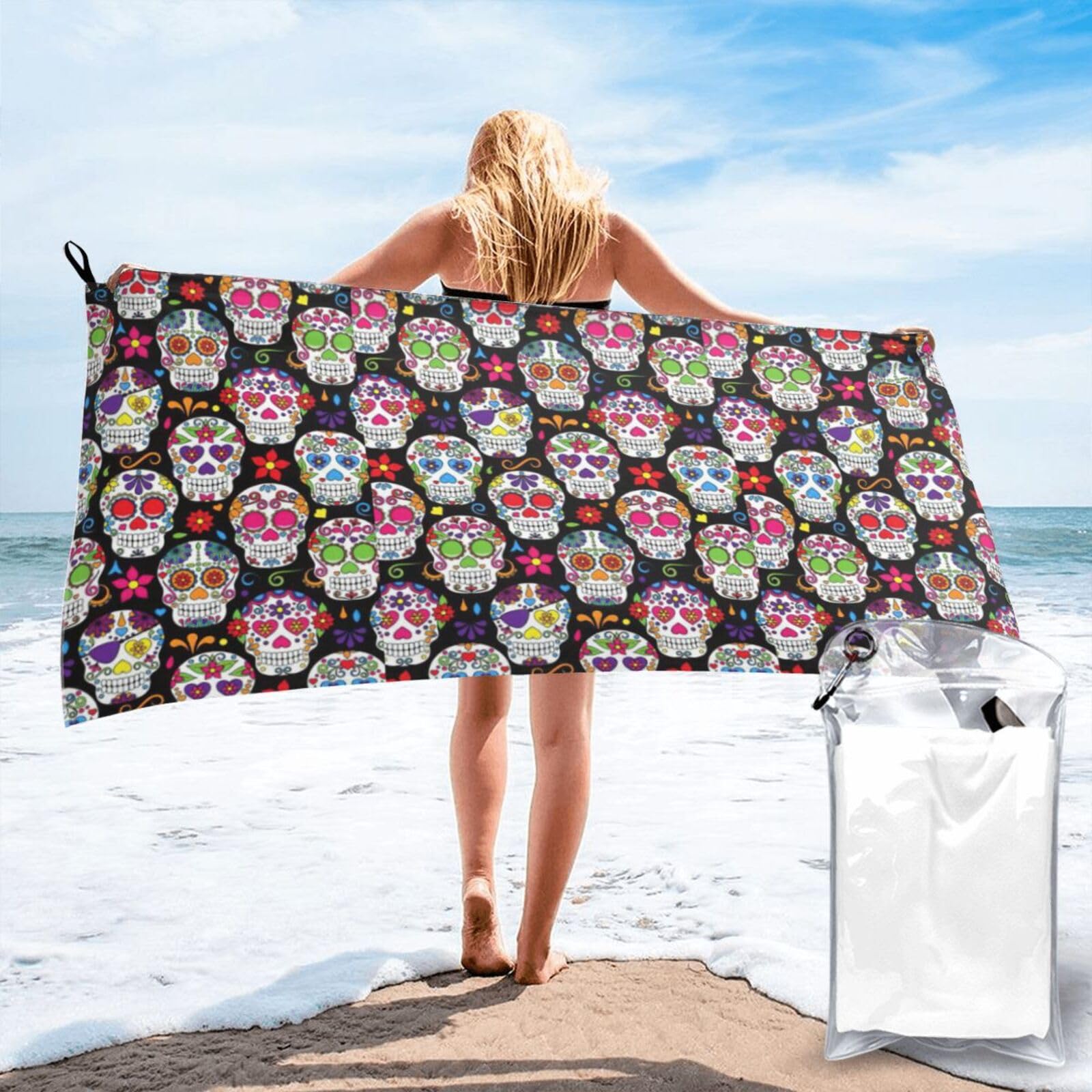 ENGhjes Sugar Skulls Print Camping Towel Fast Drying Bath Beach Shower Wrap For Gym Camping Vacation Adults Portable Gift