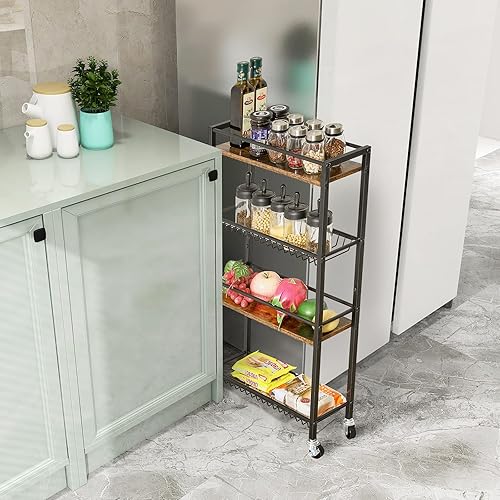 Miniatura 6 de YMYNY Carrito de almacenamiento delgado para cocina, carrito utilitario de 4 niveles con ruedas, para espacios estrechos, lavandería, comedor, baño,