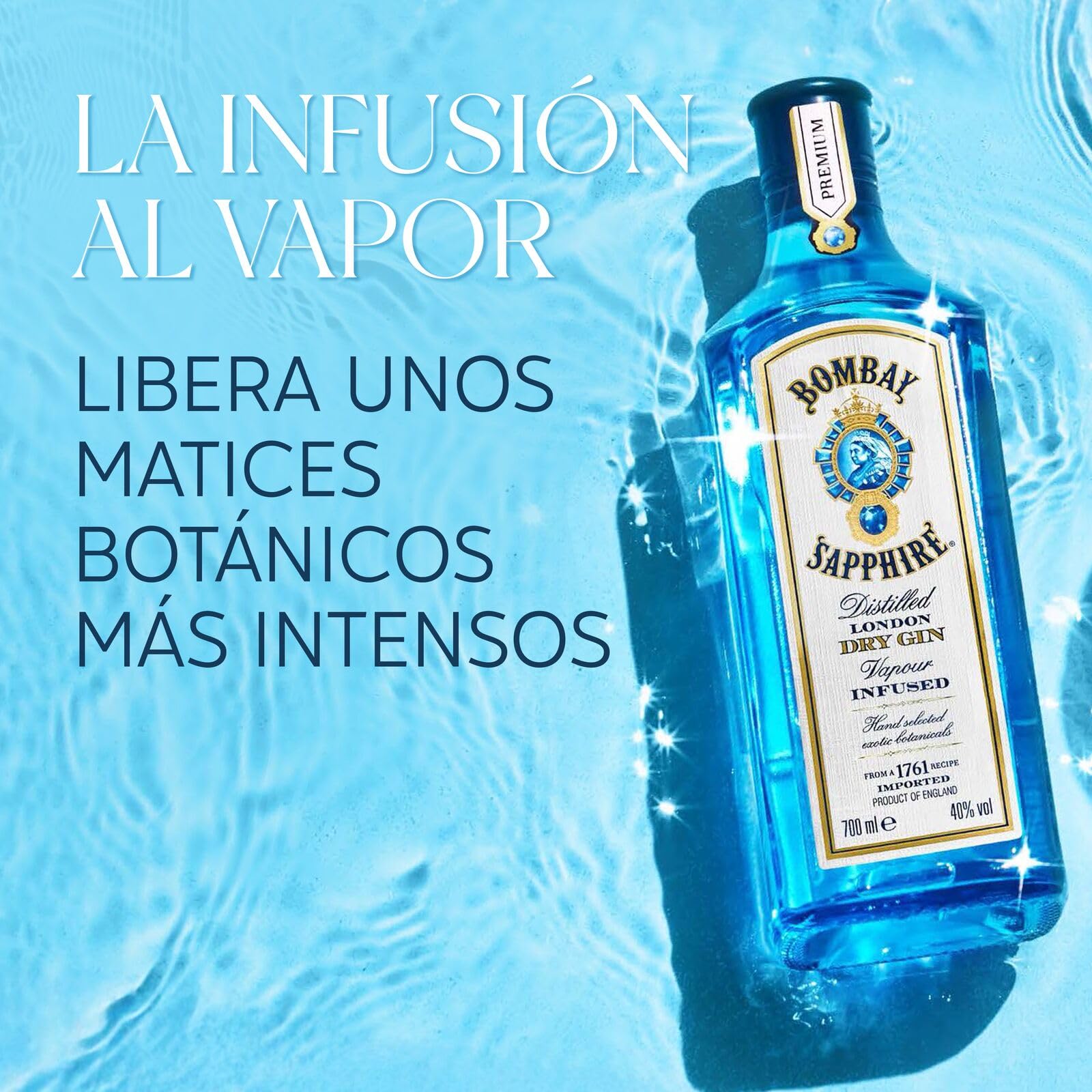 Bombay Sapphire London Dry Gin, 40% Vol., 100 cl / 1 L, bebida espirituosa 100% infusionada al vapor con 10 botánicos seleccionados a mano