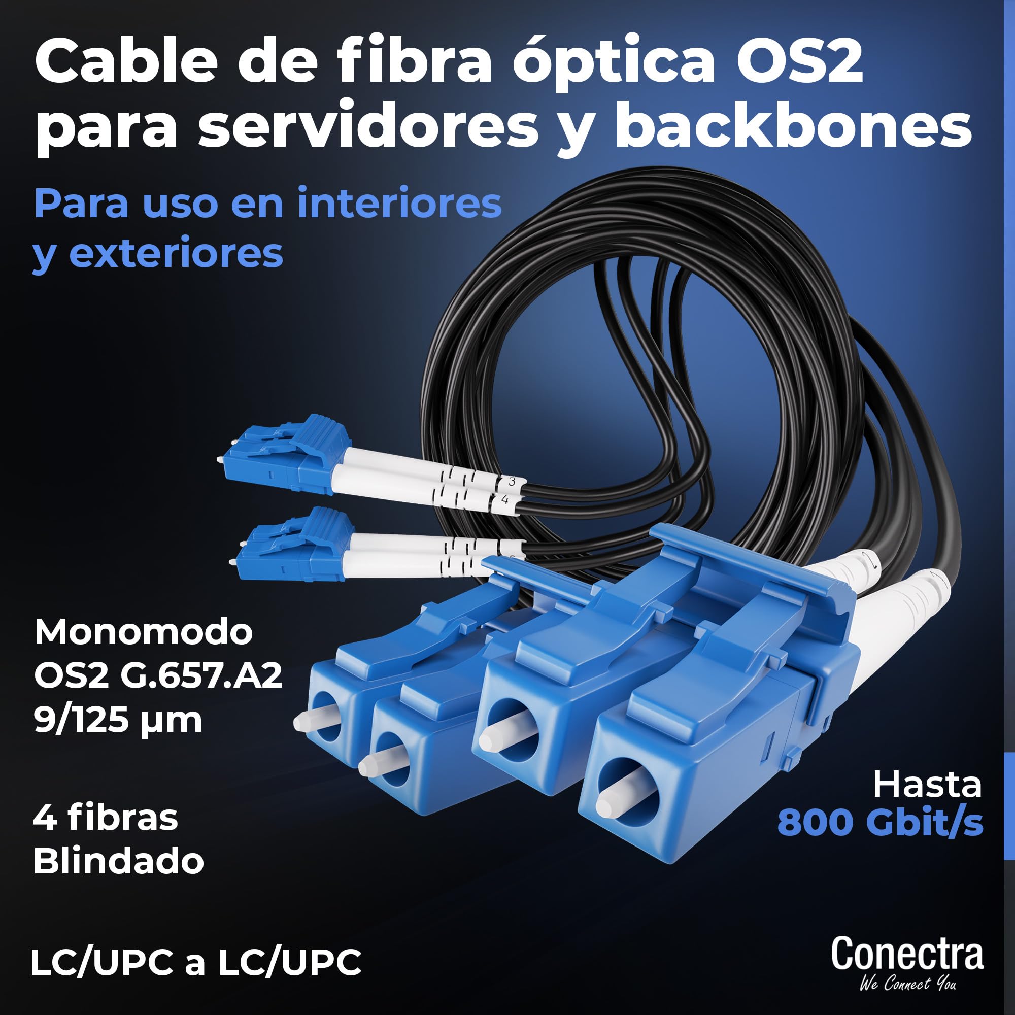 40m Cable de Fibra Óptica Blindado 4 Fibras OS2 LC/UPC ⌀4mm | Monomodo 9/125µm G.657.A2, Latiguillo Prolongador Patch, Breakout sin Empalmes, Interior/Exterior, Negro, LSZH