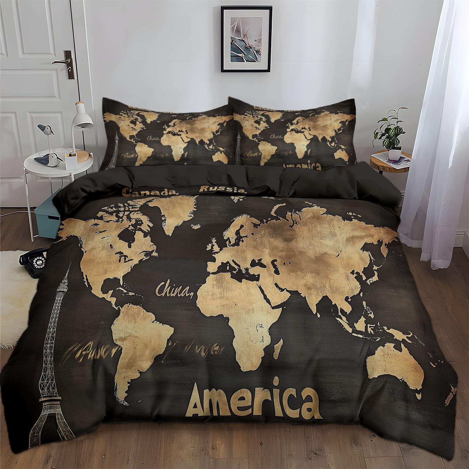 Juego de funda nórdica con estampado Vintage Viejo Mapa del mundo para adultos, adolescentes De Microfibra con Cremallera Negro Funda nórdica Lavable - 135 x 200 cm Ropa de cama