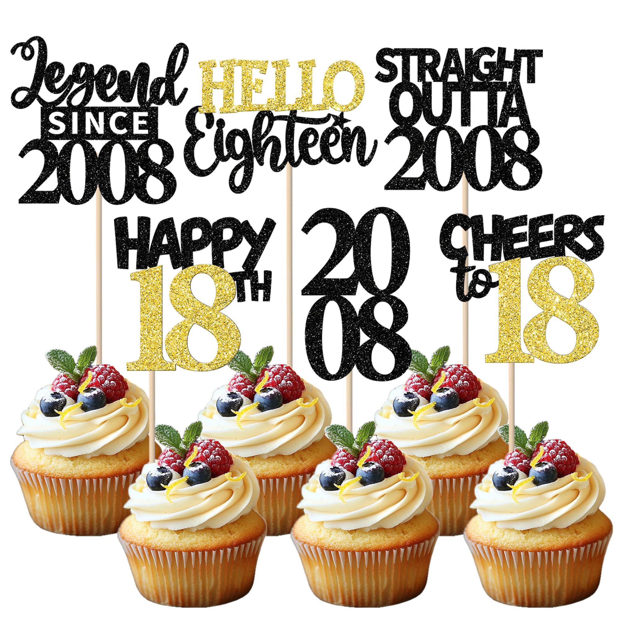 Xsstarmi 24 Pcs 18th Birthday Cupcake toppers Black Gold Glitter Hello eighteen Legend Since 2008 Cake Picks for Cheers to 18 years old Birthday Party Decorations Supplies