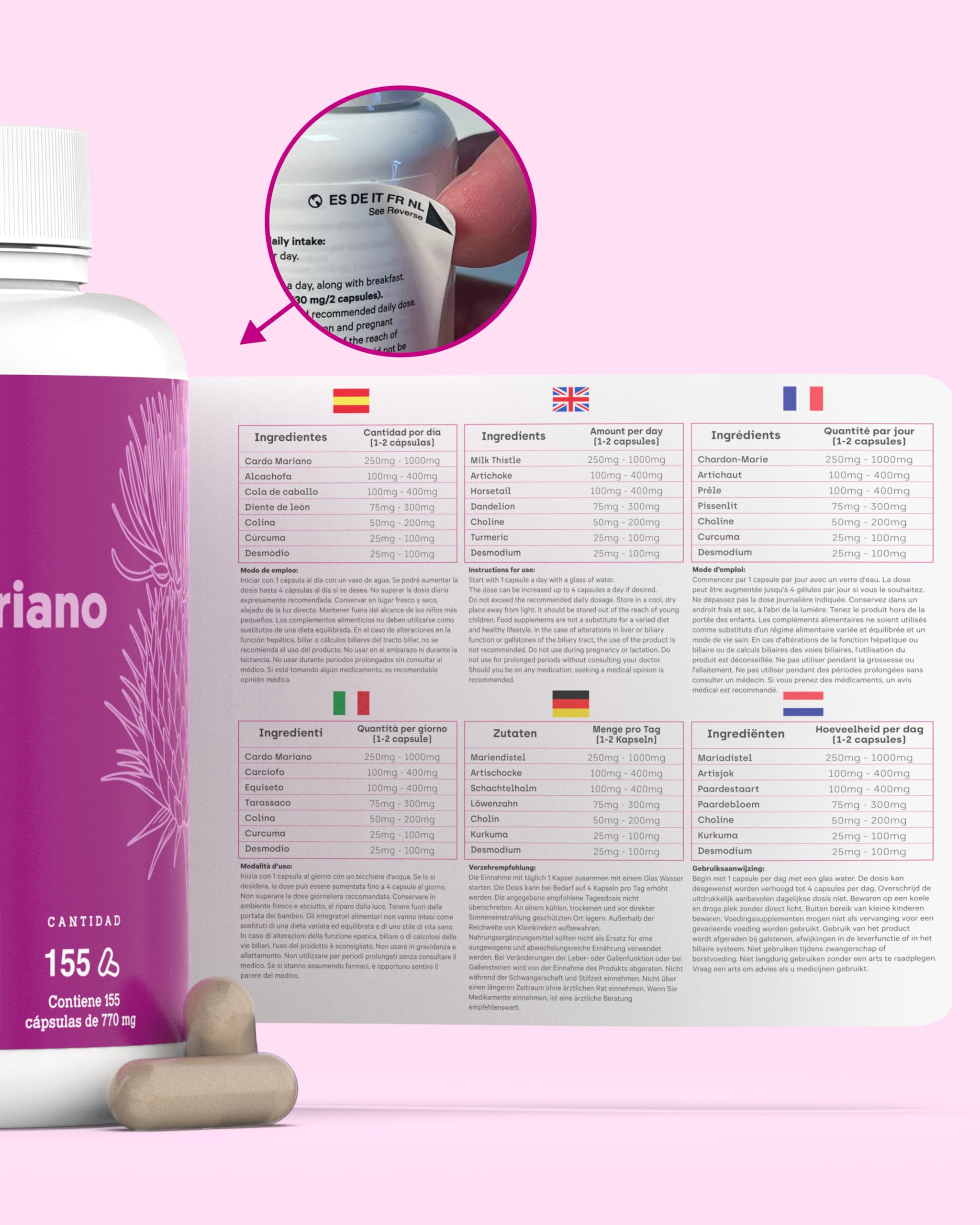 Cardo Mariano 3X ACCIÓN con Cúrcuma, Diente de León, Alcachofa, Cola de Caballo, Colina & Desmodium | Depurativo DETOX para apoyo Hepático, Diurético y Digestivo | 155 Cáps.