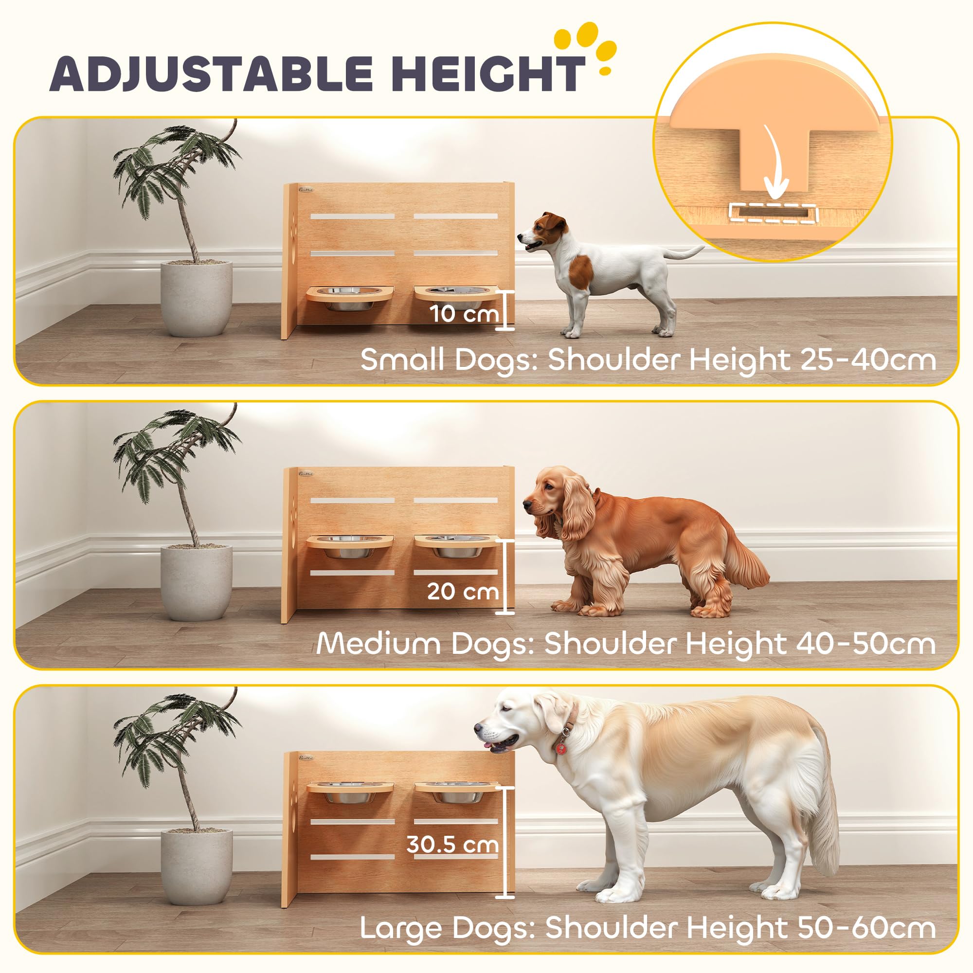 PawHut Ciotola per Cani rialzata di 3 Altezze Regolabili, Ciotola per Cani con 2 Ciotole in Acciaio Inox, Tappetino per Alimentazione Lento, Design Separato, per Cani Piccoli, Medi e Grandi, Rovere