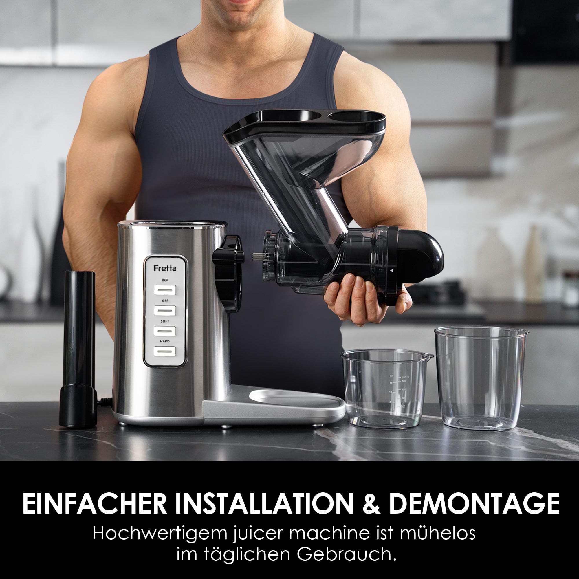 Fretta Entsafter Slow Juicer Entsafter Gemüse und Obst Testsieger Edelstahl | BPA-frei,Abnehmbare, Spülmaschinenfest,76mm Öffnung,Ganze Früchte,Hohe Saftausbeute,Leistungsstarke 200W,Leise,Umkehrfunktion