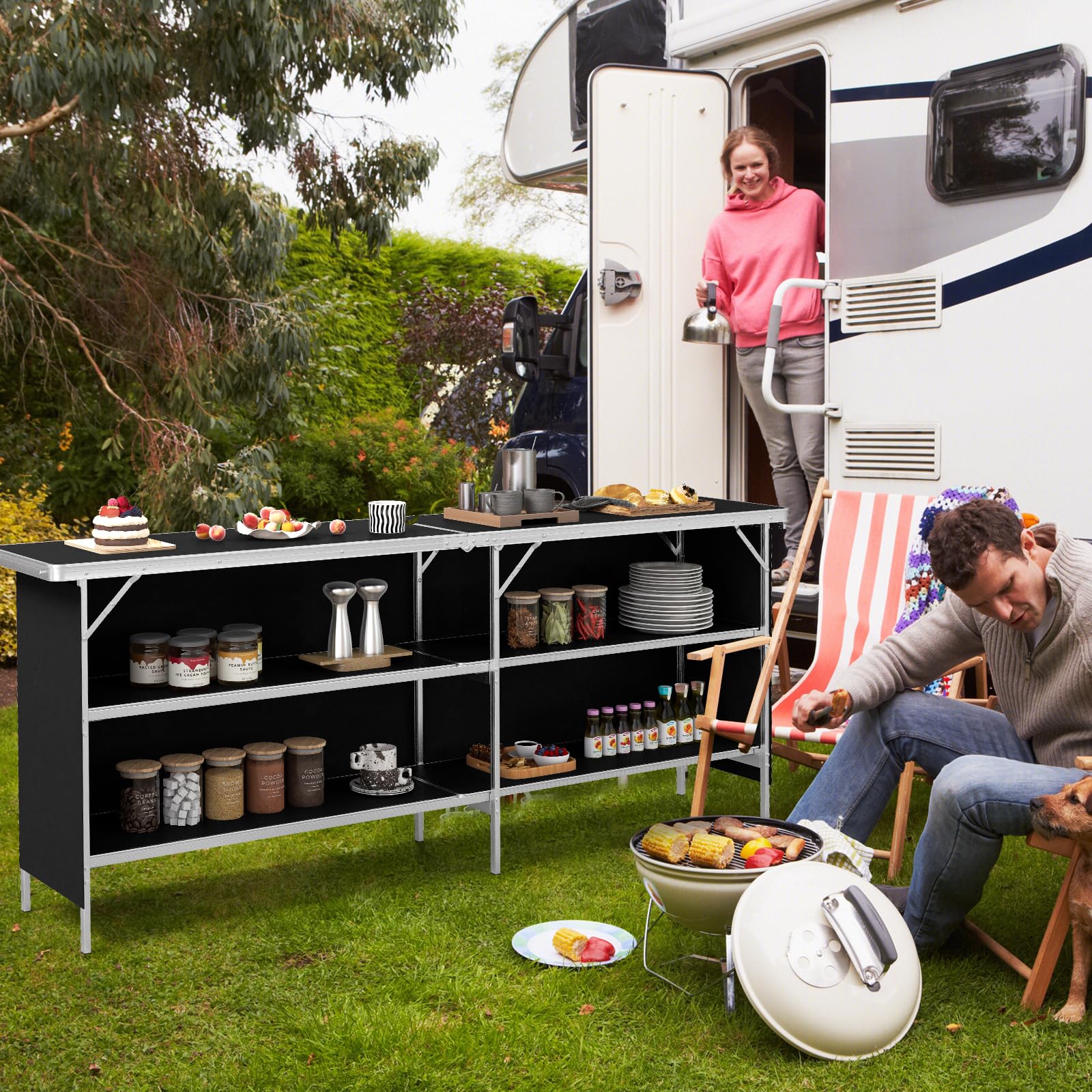 COSTWAY Campingschrank faltbar, tragbare Campingküche mit 2-stöckigen Regalen, Camping Faltschrank aus Aluminiumgestell, inkl. Tragetasche, für Picknick, Grillen, Partys, 206 x 38 x 83 cm