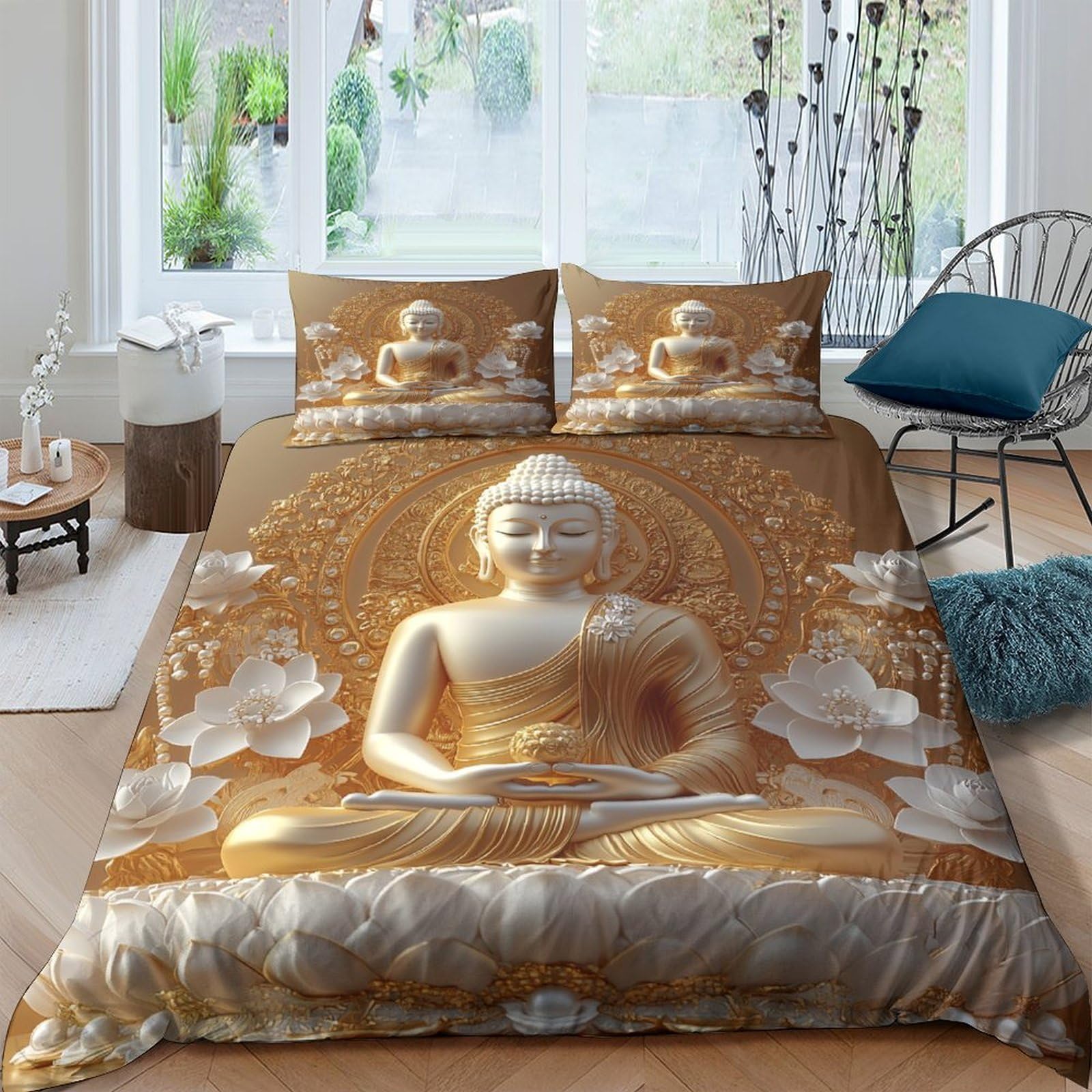 Ctjqhvkz Style-7 3D Printed Golden Buddha Fitted Sheet Microfiber Soft Anti-Slip Zen Mandala Mattress Cover Bedroom Decor Single（135X200cm）