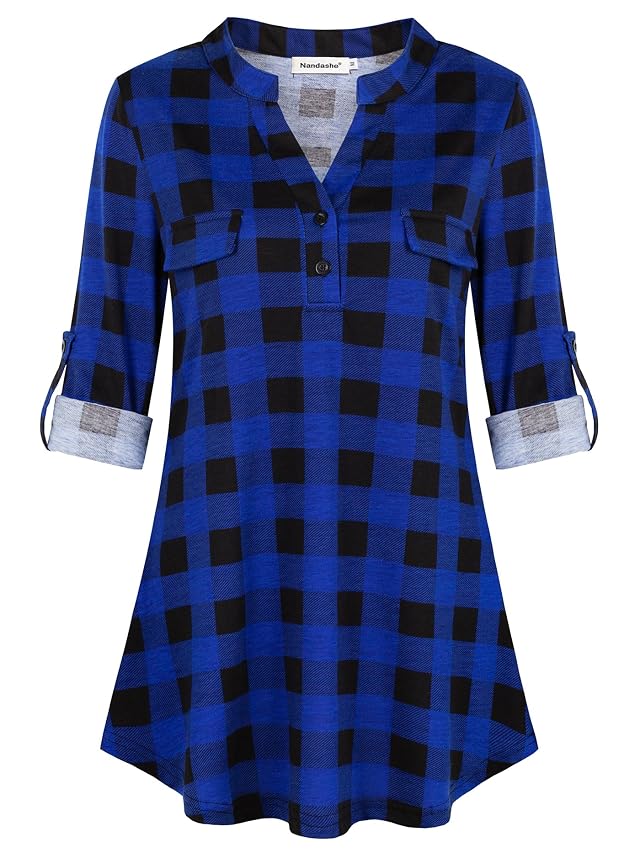 Nandashe Womens 3 4 Roll Sleeve Shirt V Neck Button Down Blouse Loose Tunic Tops