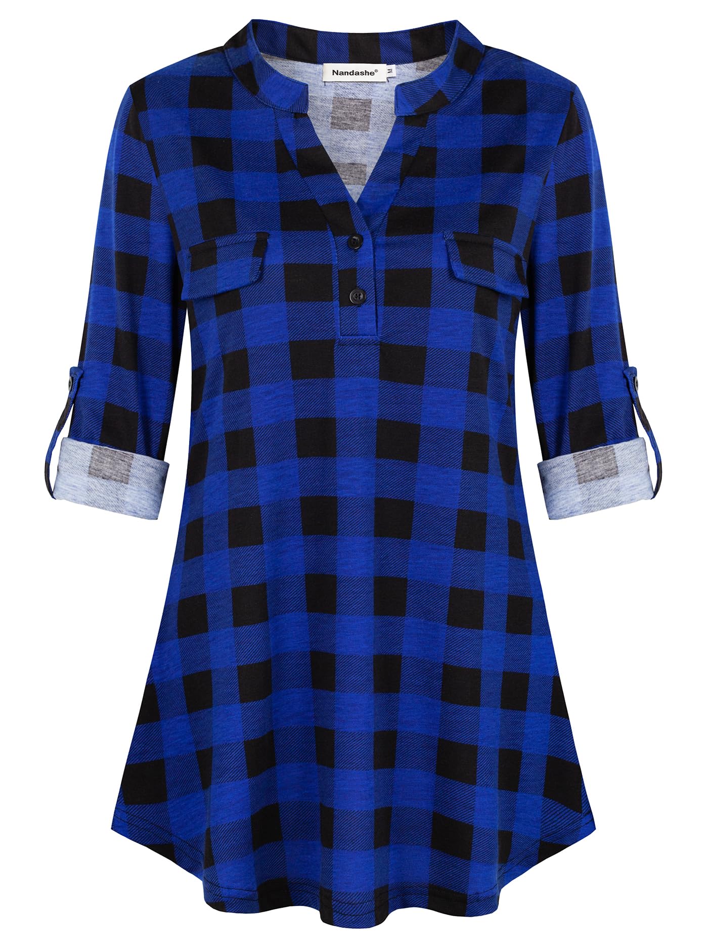 Nandashe Womens 3 4 Roll Sleeve Shirt V Neck Button Down Blouse Loose Tunic Tops