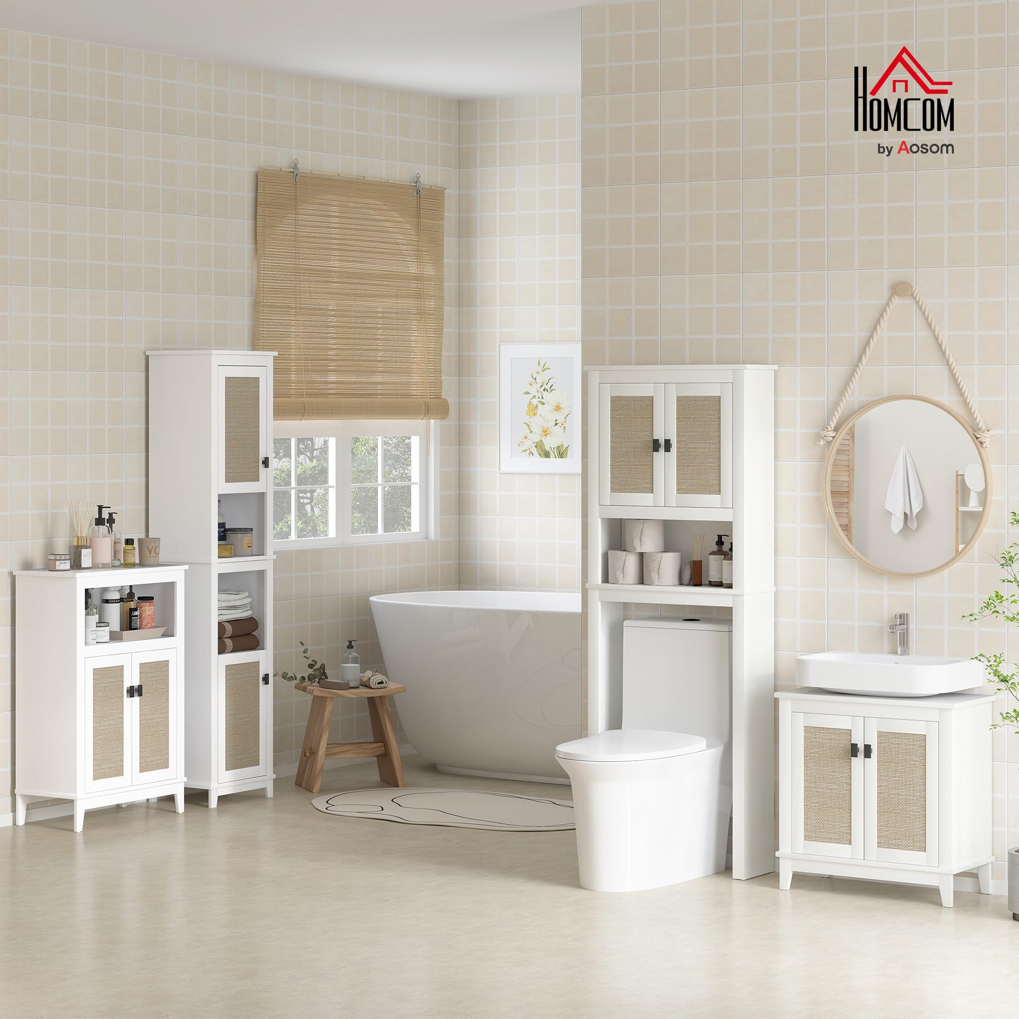 HOMCOM Mueble sobre Inodoro Estrecho Armario sobre Inodoro con 2 Puertas con Frontal de Ratán Compartimento y Estante Ajustable Mueble de Baño 60x19,5x160 cm Blanco