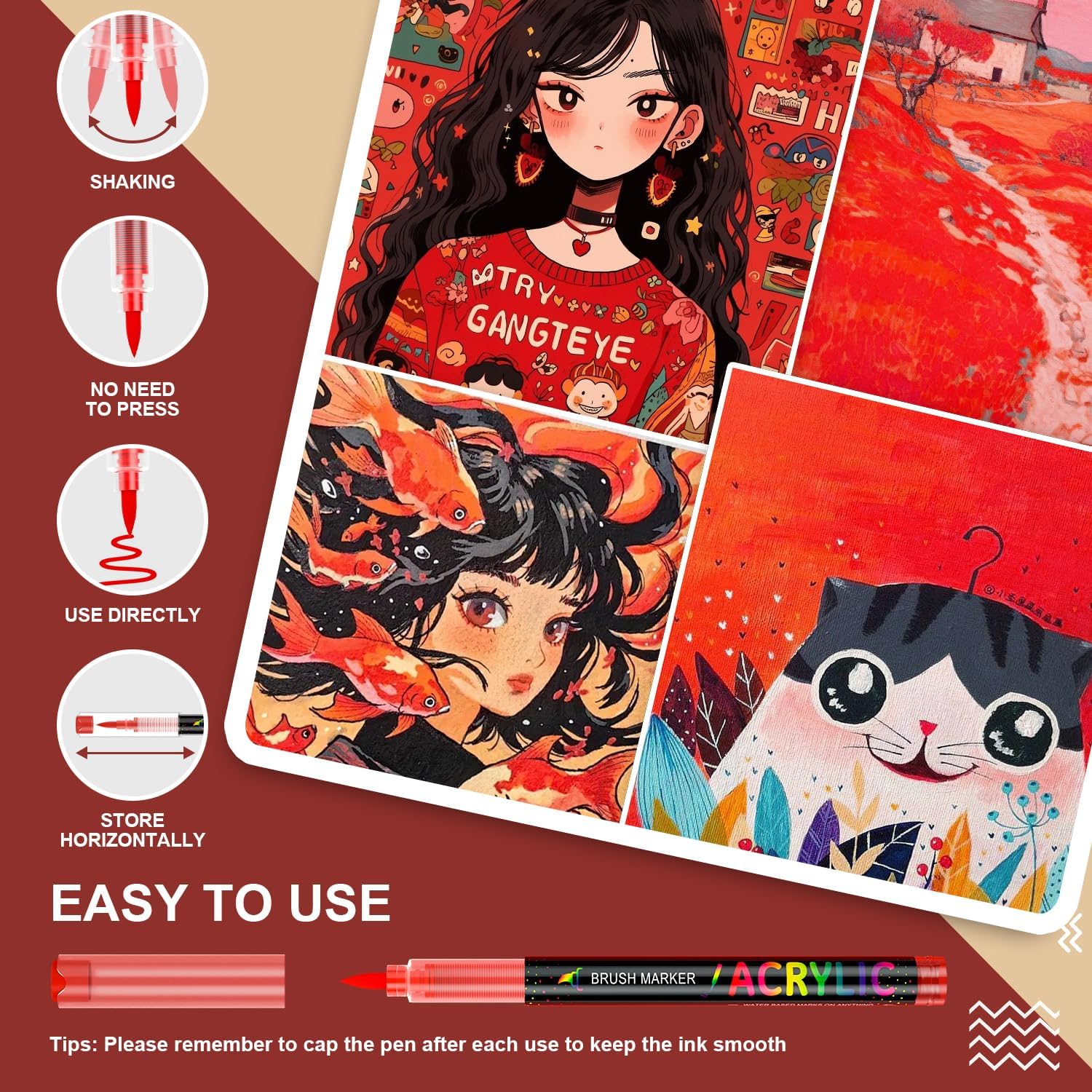 Sanyetral 36 Red Tones Colors Acrylic Paint Markers, Soft Brush Tip Paint Pens, Acrylic Pens for Wood, Stone, Canvas, Glass, Fabric, Egg & DIY Crafts Art Supplies (Red)
