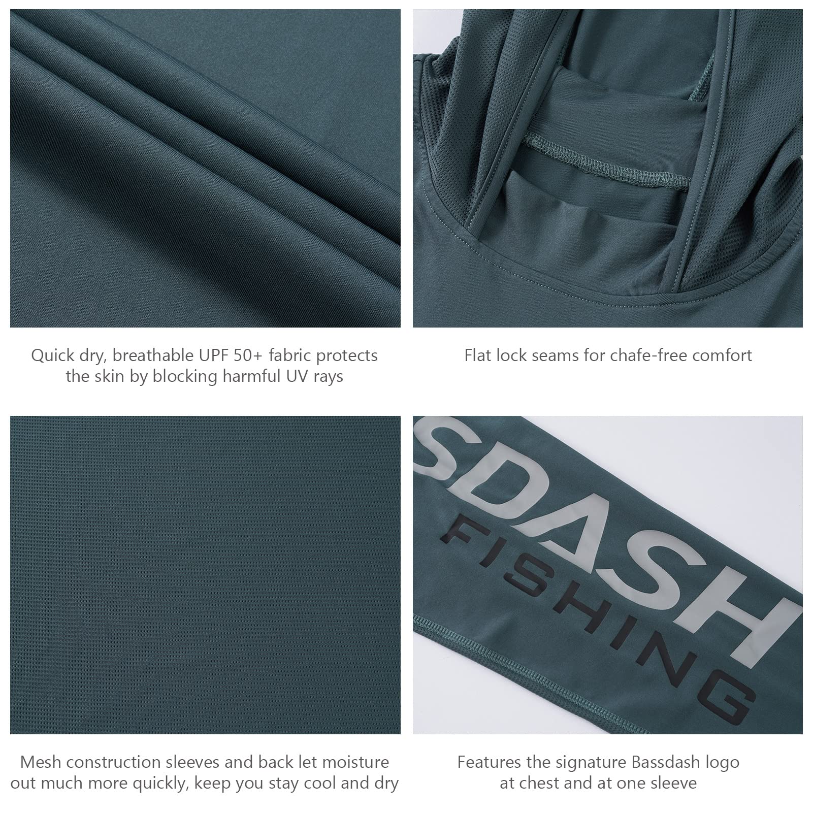 Bassdash UPF 50+ -T-Shirt da Pesca Rashguard Protezione Solare Felpa da Uomo con Cappuccio e Protezione dai Raggi UV