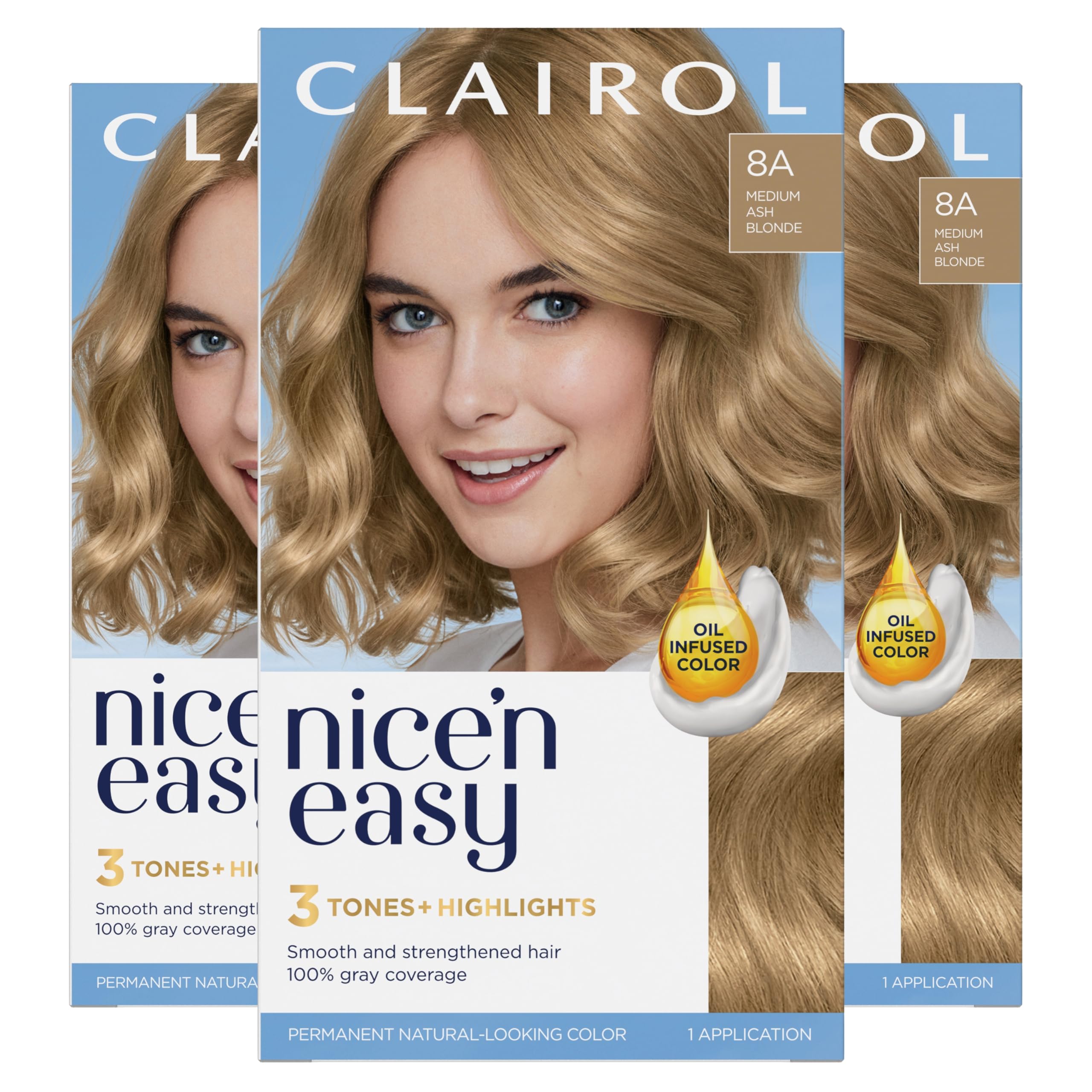 Nice'n Easy Permanent Hair Dye, 8A Medium Ash Blonde Hair Color, Pack of 3